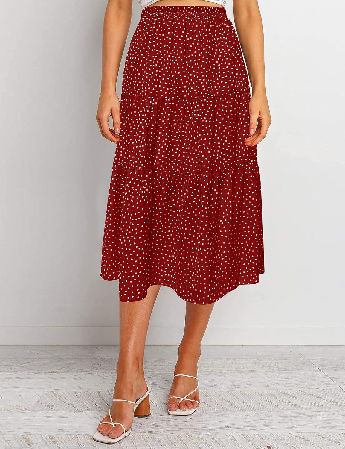 imageMEROKEETY Womens Boho Leopard Print Skirt Pleated ALine Swing Midi Skirts02red
