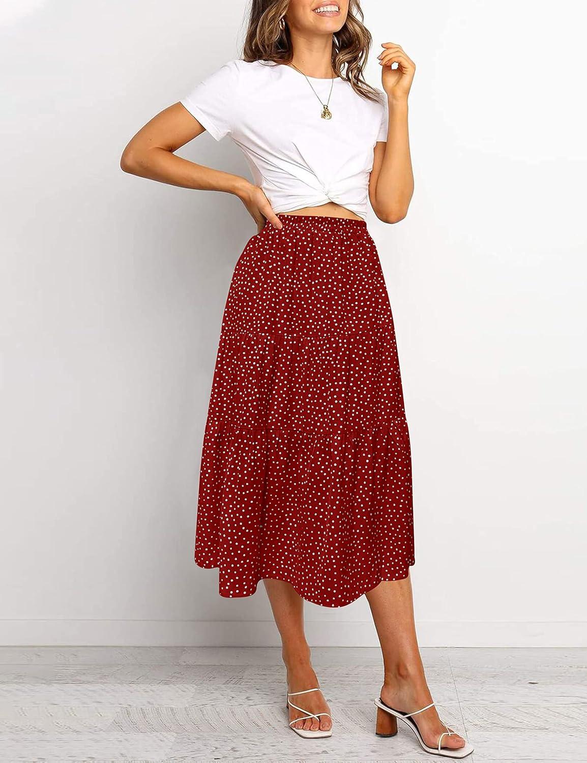imageMEROKEETY Womens Boho Leopard Print Skirt Pleated ALine Swing Midi Skirts02red