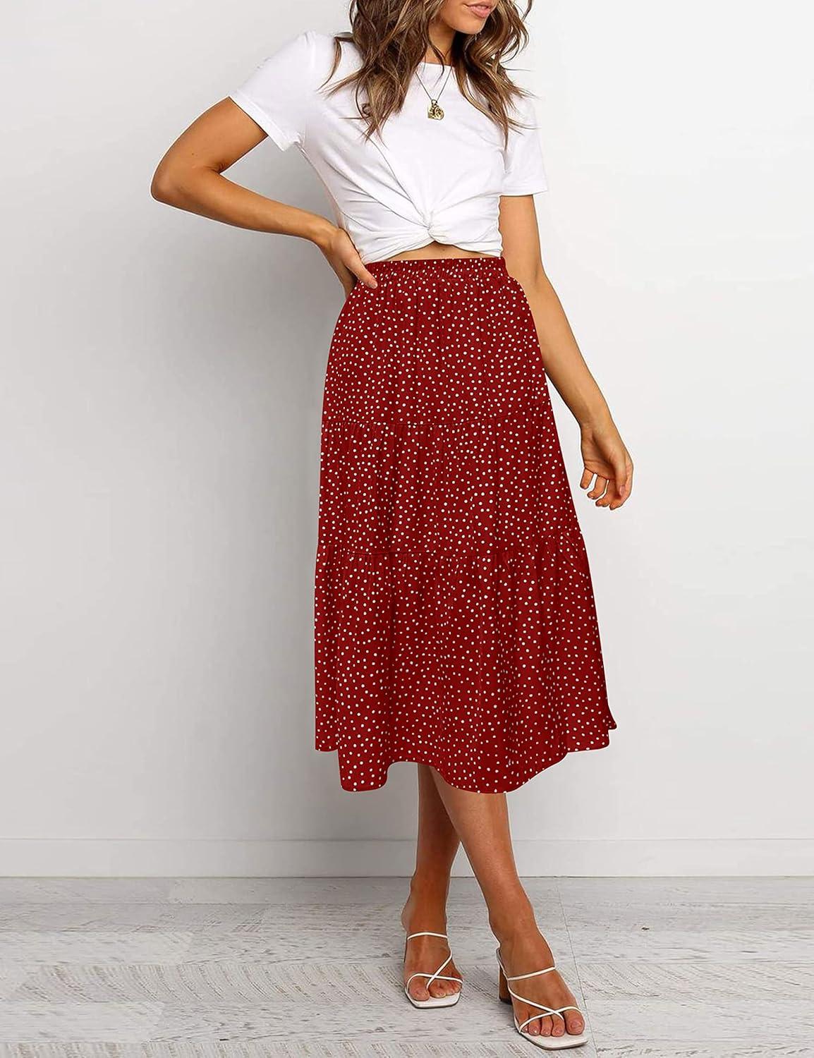 imageMEROKEETY Womens Boho Leopard Print Skirt Pleated ALine Swing Midi Skirts02red