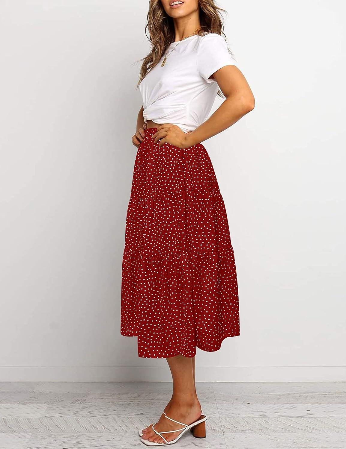 imageMEROKEETY Womens Boho Leopard Print Skirt Pleated ALine Swing Midi Skirts02red