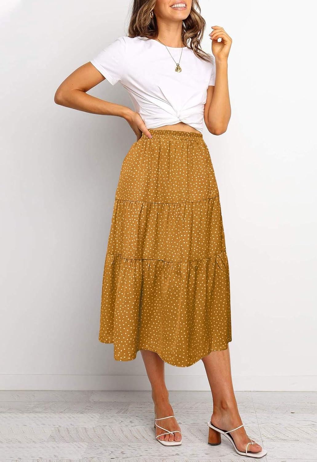 imageMEROKEETY Womens Boho Leopard Print Skirt Pleated ALine Swing Midi Skirts02yellow