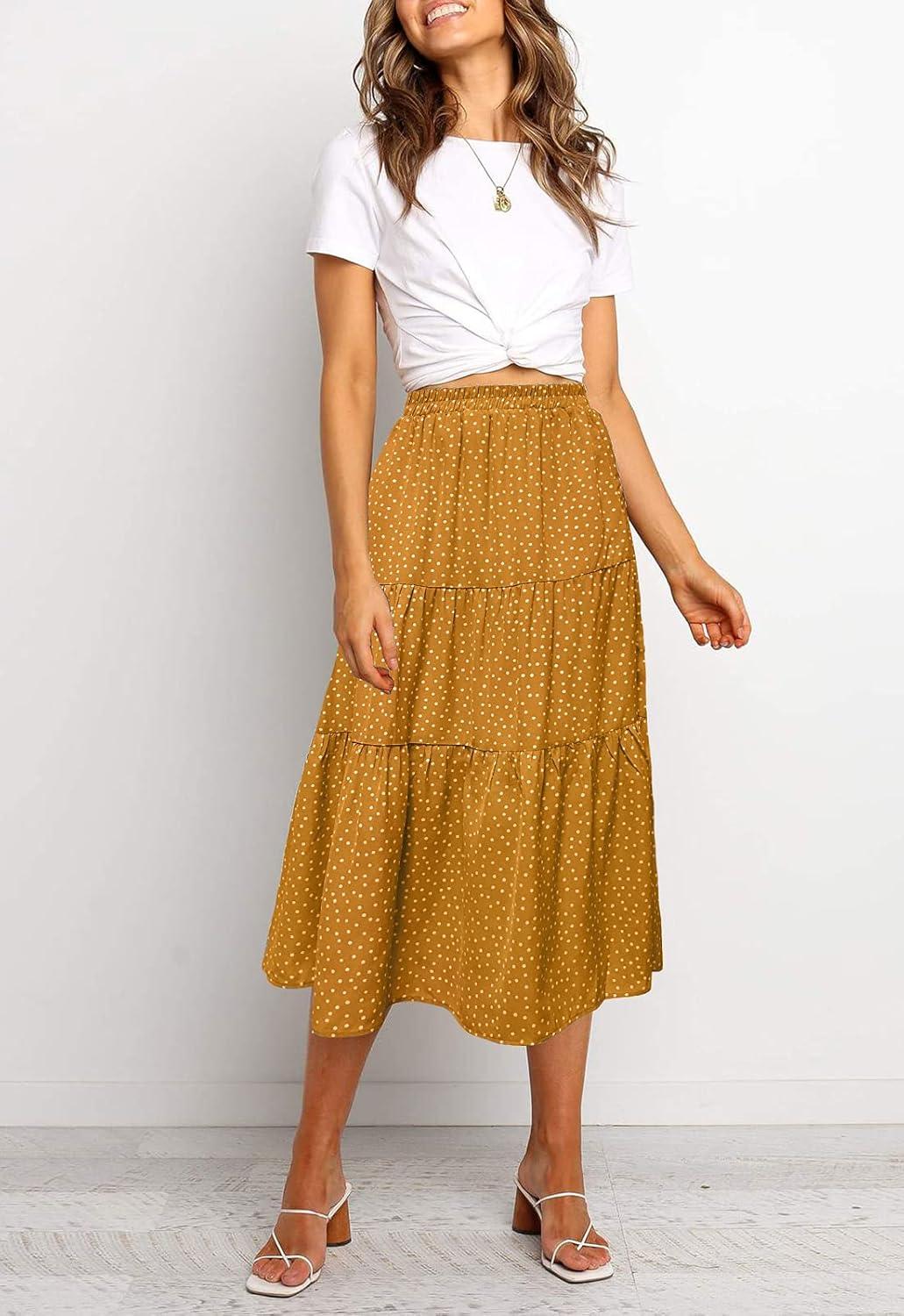imageMEROKEETY Womens Boho Leopard Print Skirt Pleated ALine Swing Midi Skirts02yellow