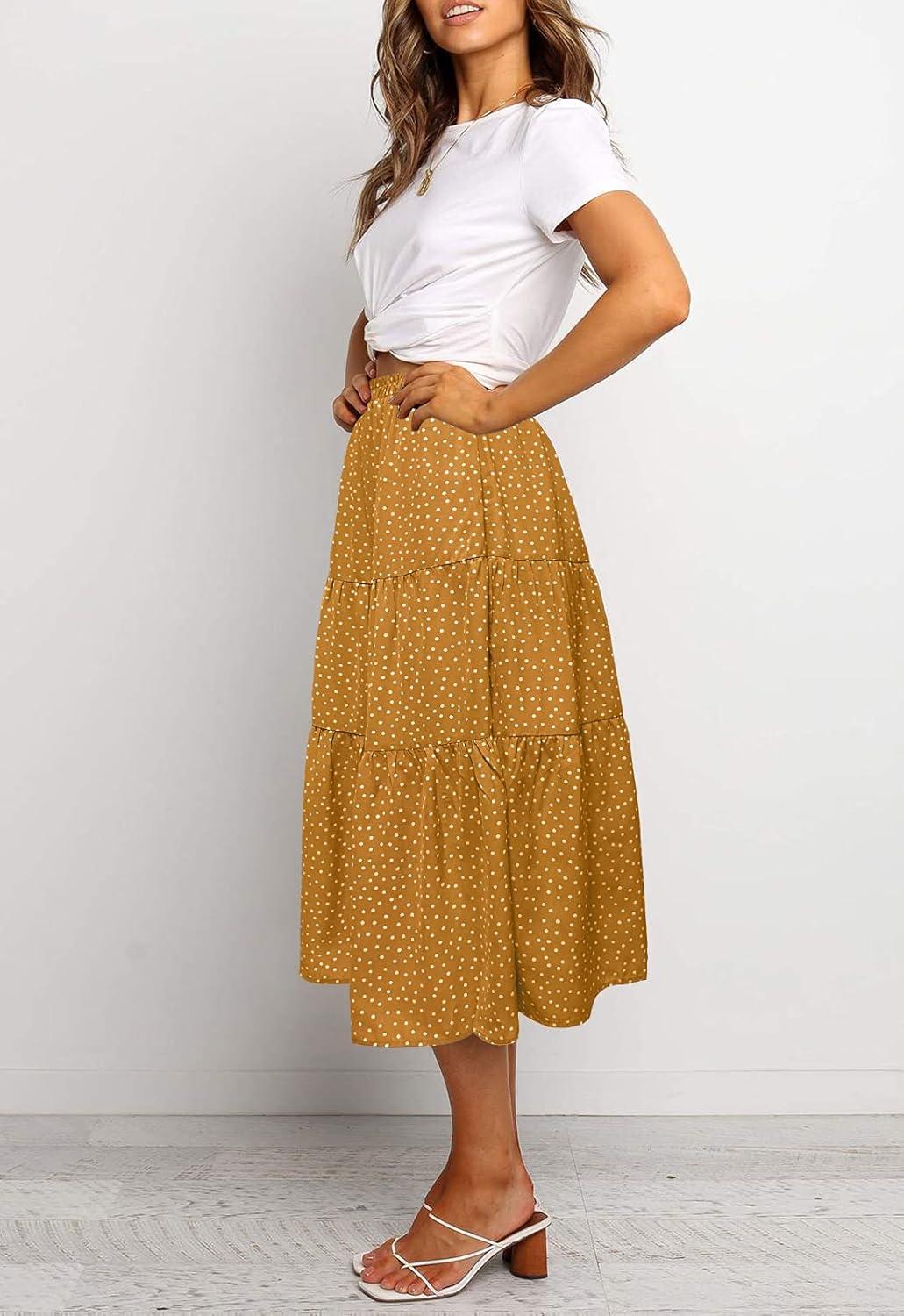 imageMEROKEETY Womens Boho Leopard Print Skirt Pleated ALine Swing Midi Skirts02yellow