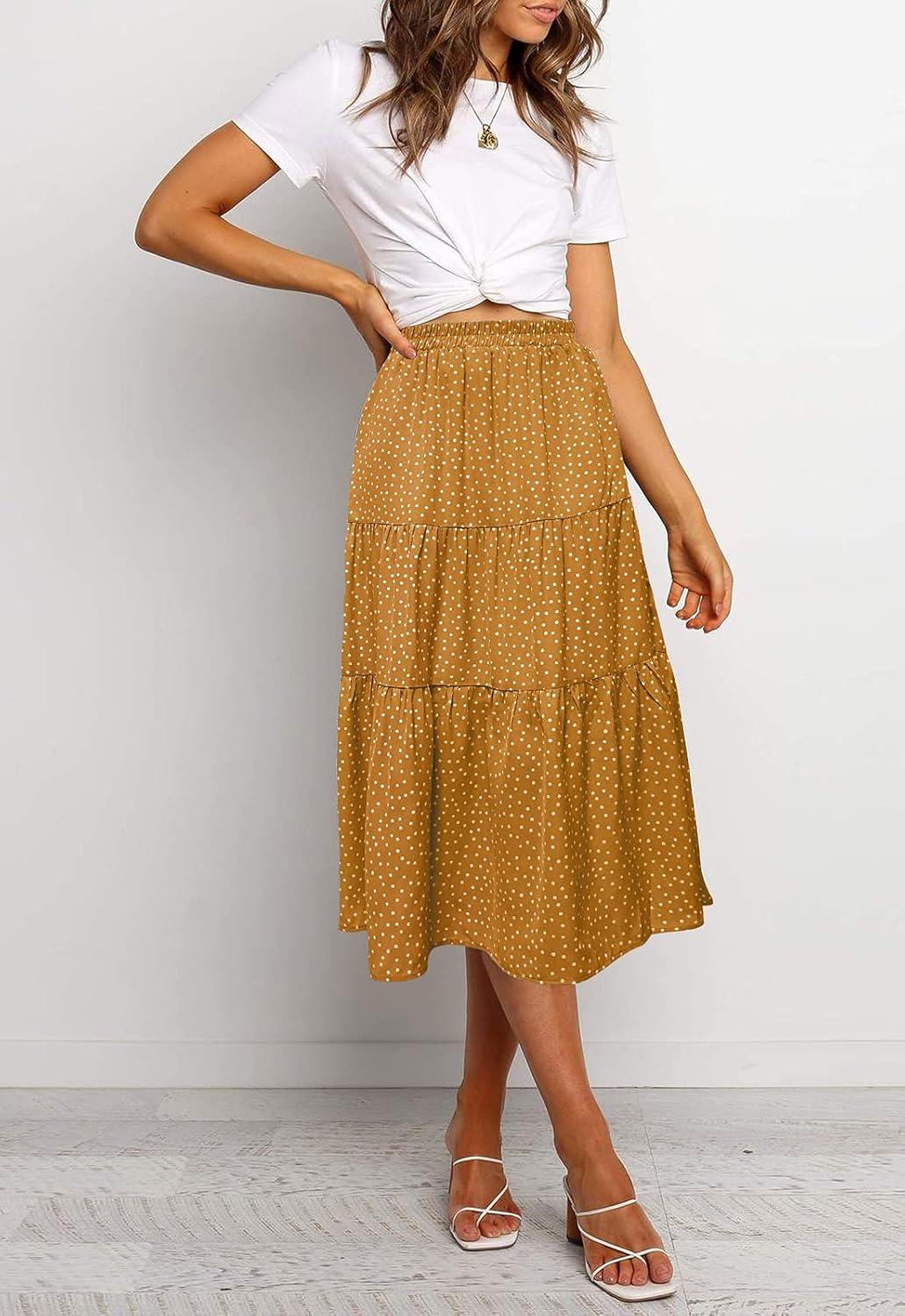 imageMEROKEETY Womens Boho Leopard Print Skirt Pleated ALine Swing Midi Skirts02yellow