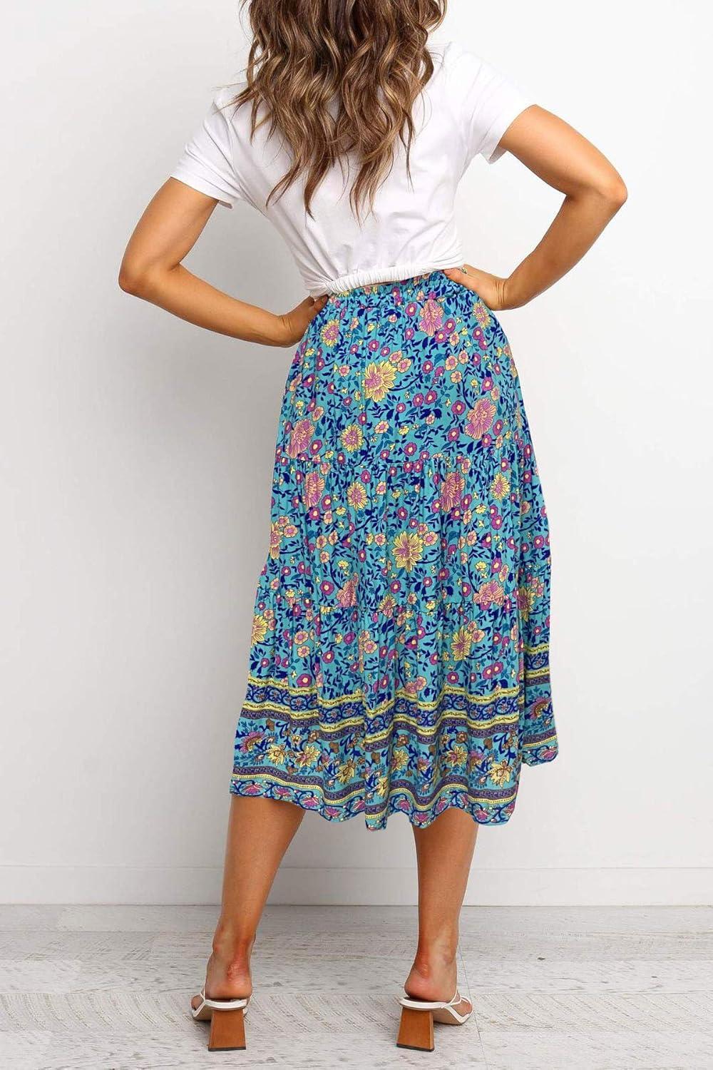 imageMEROKEETY Womens Boho Leopard Print Skirt Pleated ALine Swing Midi Skirts03green