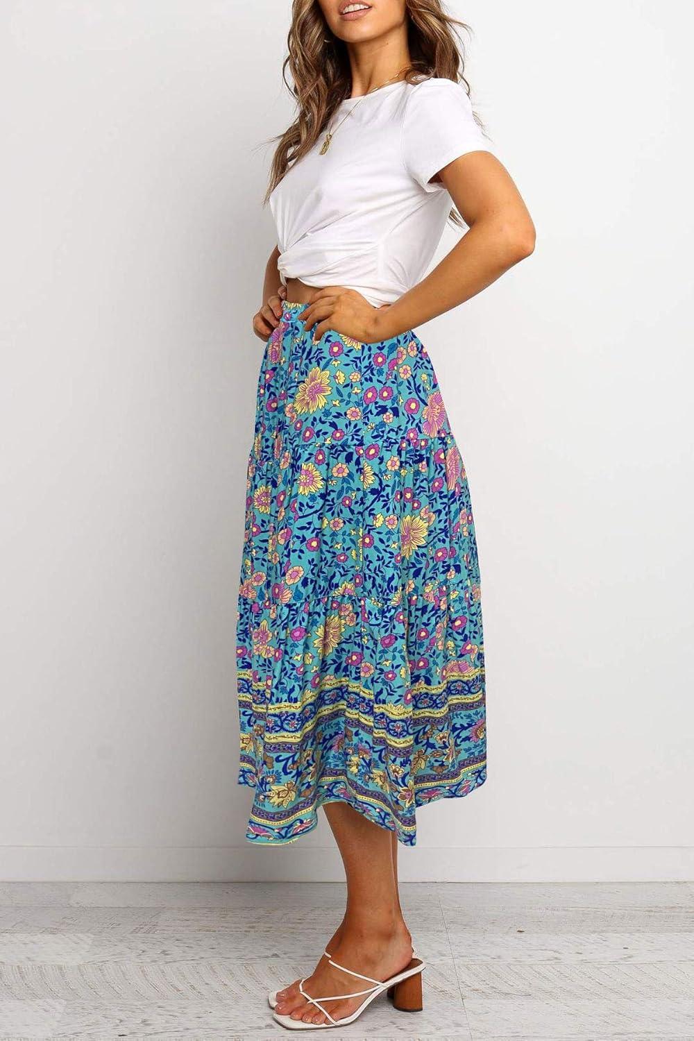 imageMEROKEETY Womens Boho Leopard Print Skirt Pleated ALine Swing Midi Skirts03green