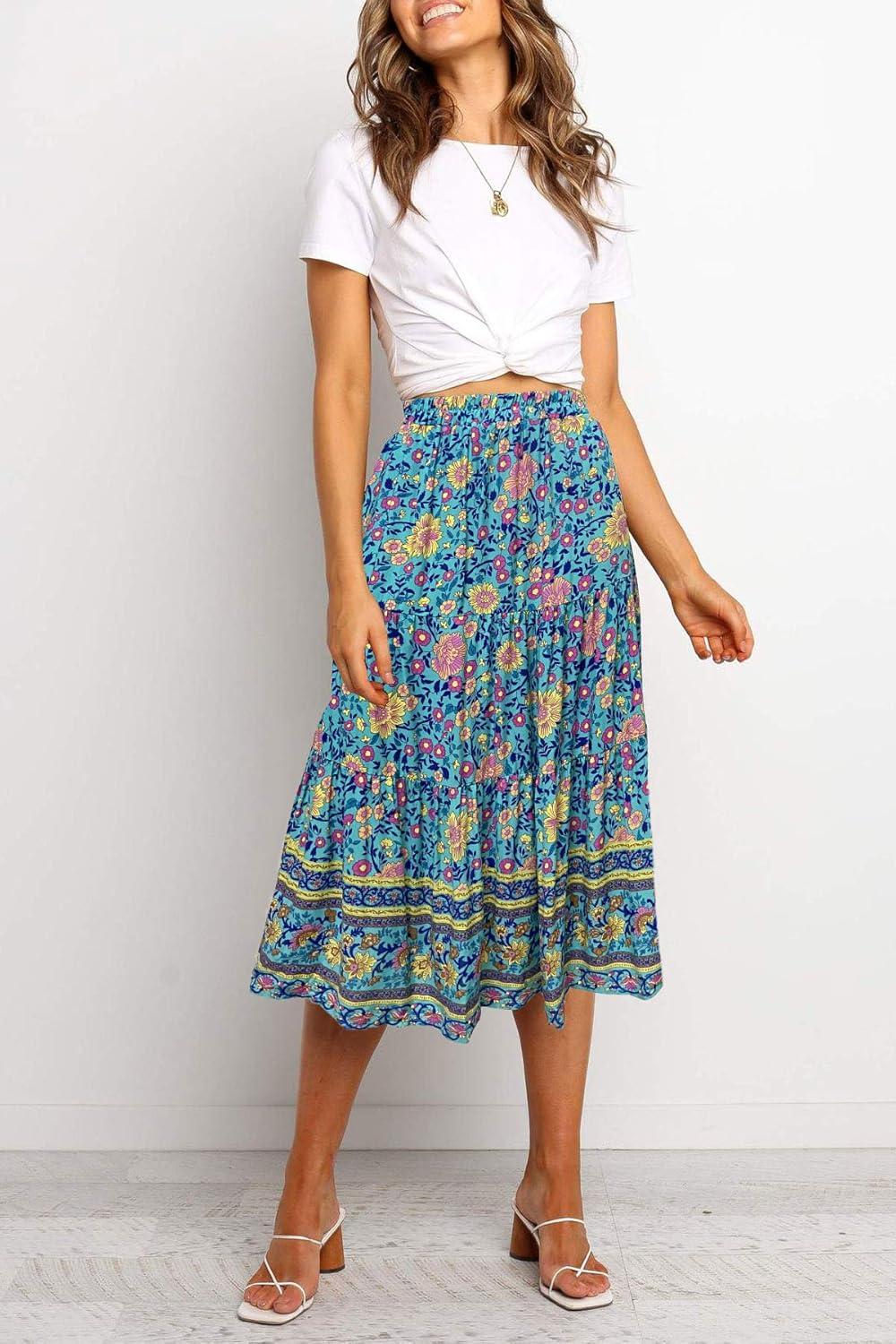 imageMEROKEETY Womens Boho Leopard Print Skirt Pleated ALine Swing Midi Skirts03green