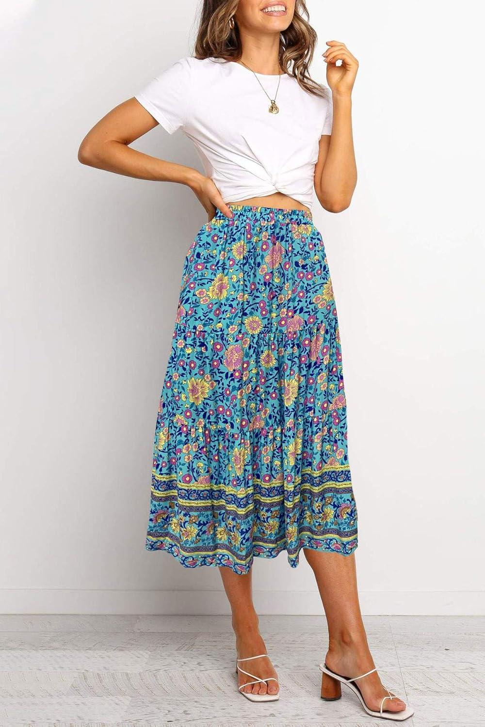 imageMEROKEETY Womens Boho Leopard Print Skirt Pleated ALine Swing Midi Skirts03green