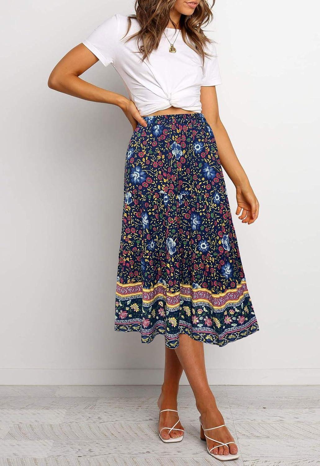 imageMEROKEETY Womens Boho Leopard Print Skirt Pleated ALine Swing Midi Skirts03navy