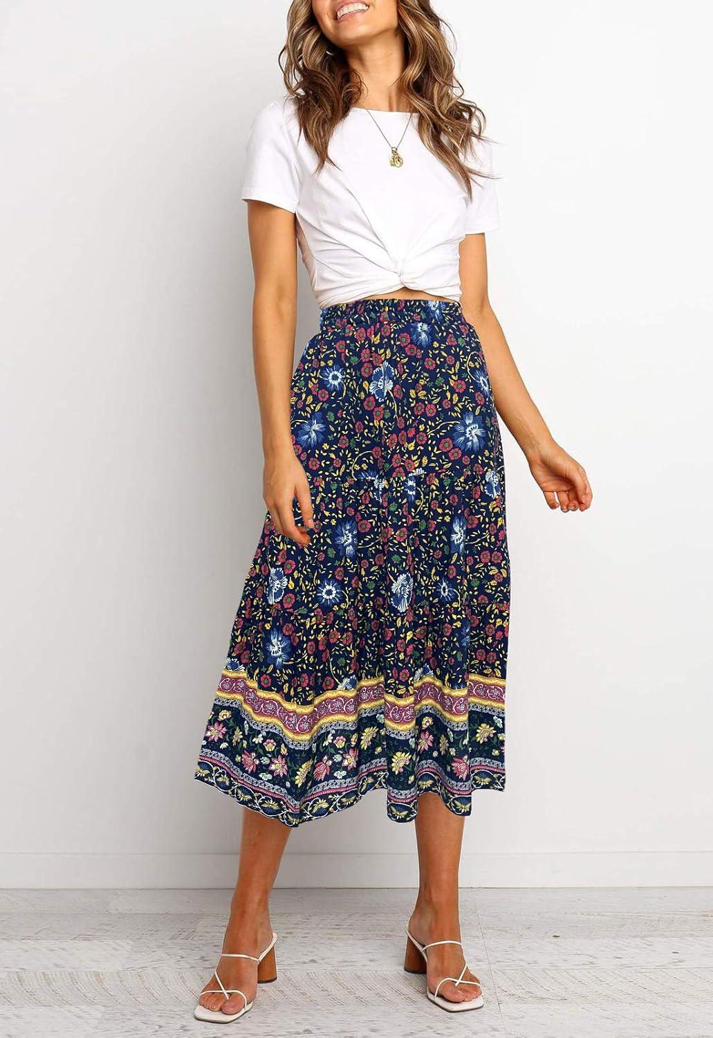 imageMEROKEETY Womens Boho Leopard Print Skirt Pleated ALine Swing Midi Skirts03navy