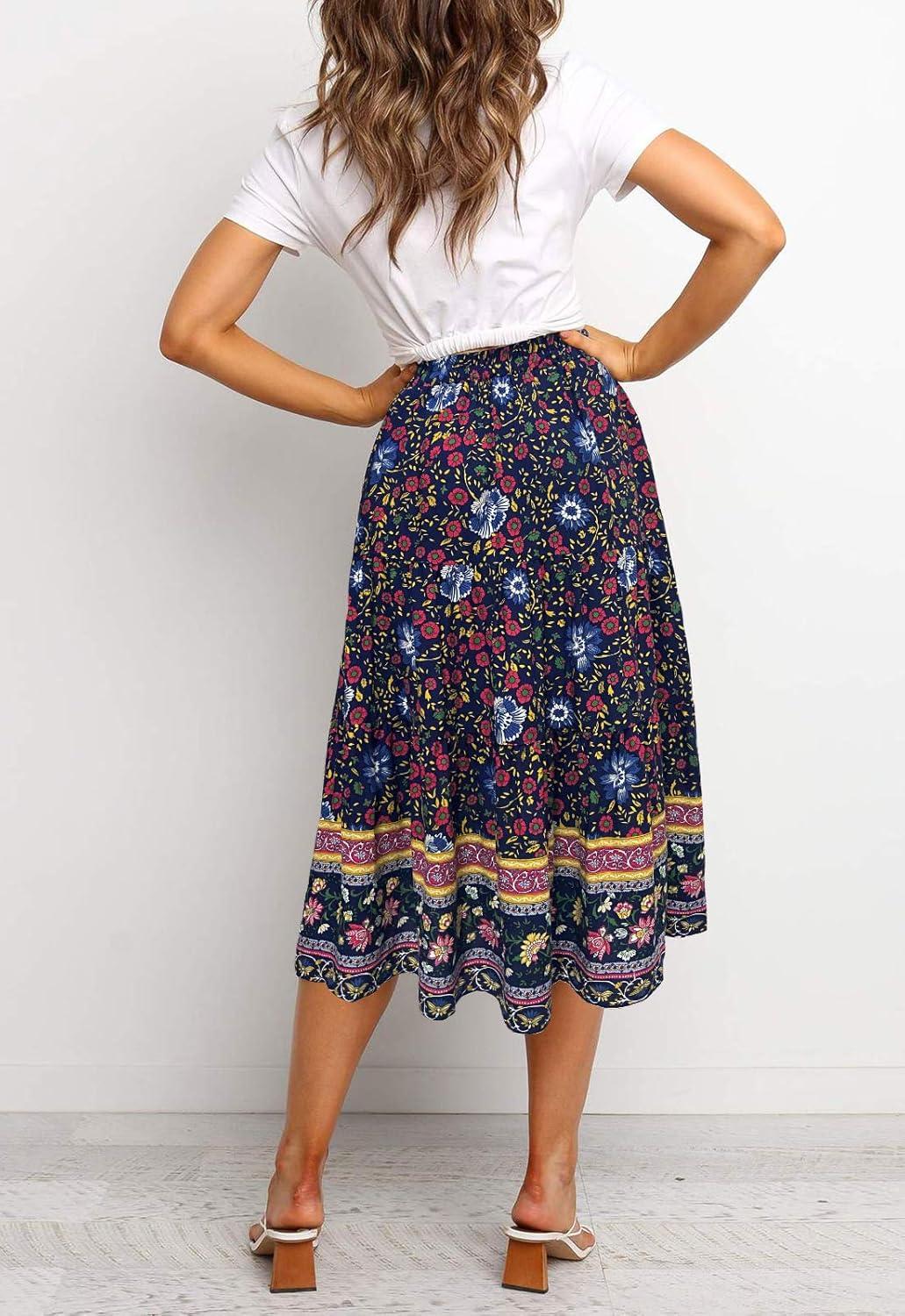 imageMEROKEETY Womens Boho Leopard Print Skirt Pleated ALine Swing Midi Skirts03navy