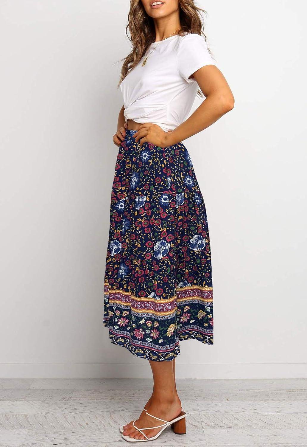 imageMEROKEETY Womens Boho Leopard Print Skirt Pleated ALine Swing Midi Skirts03navy