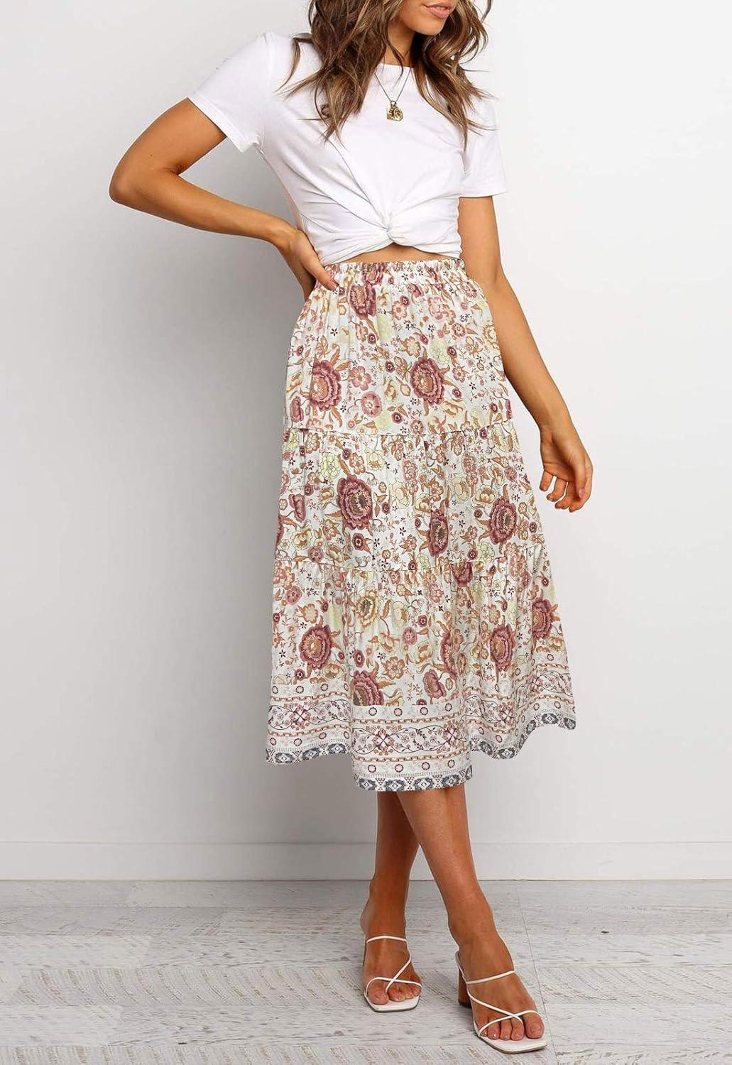 imageMEROKEETY Womens Boho Leopard Print Skirt Pleated ALine Swing Midi Skirts03white