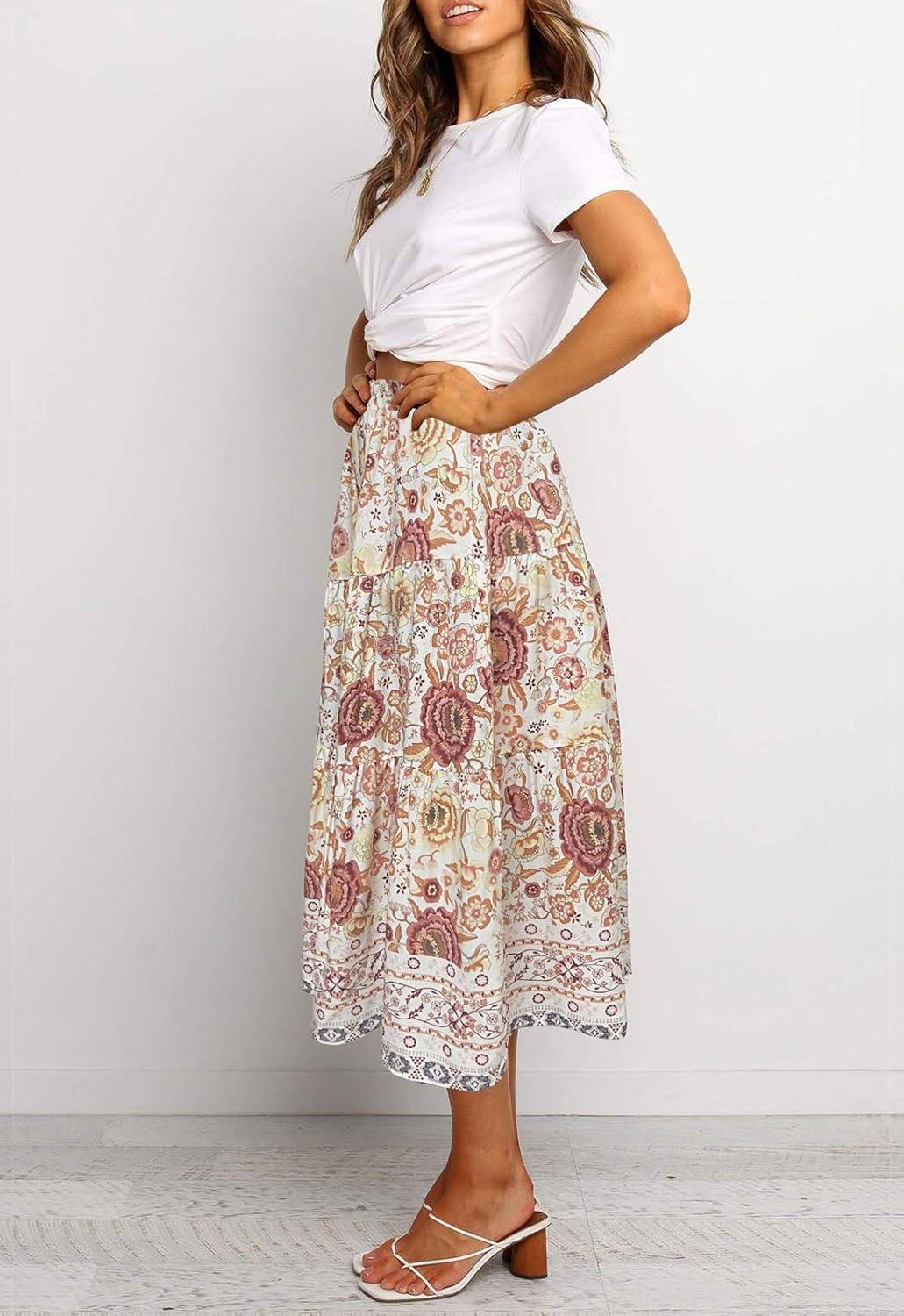 imageMEROKEETY Womens Boho Leopard Print Skirt Pleated ALine Swing Midi Skirts03white