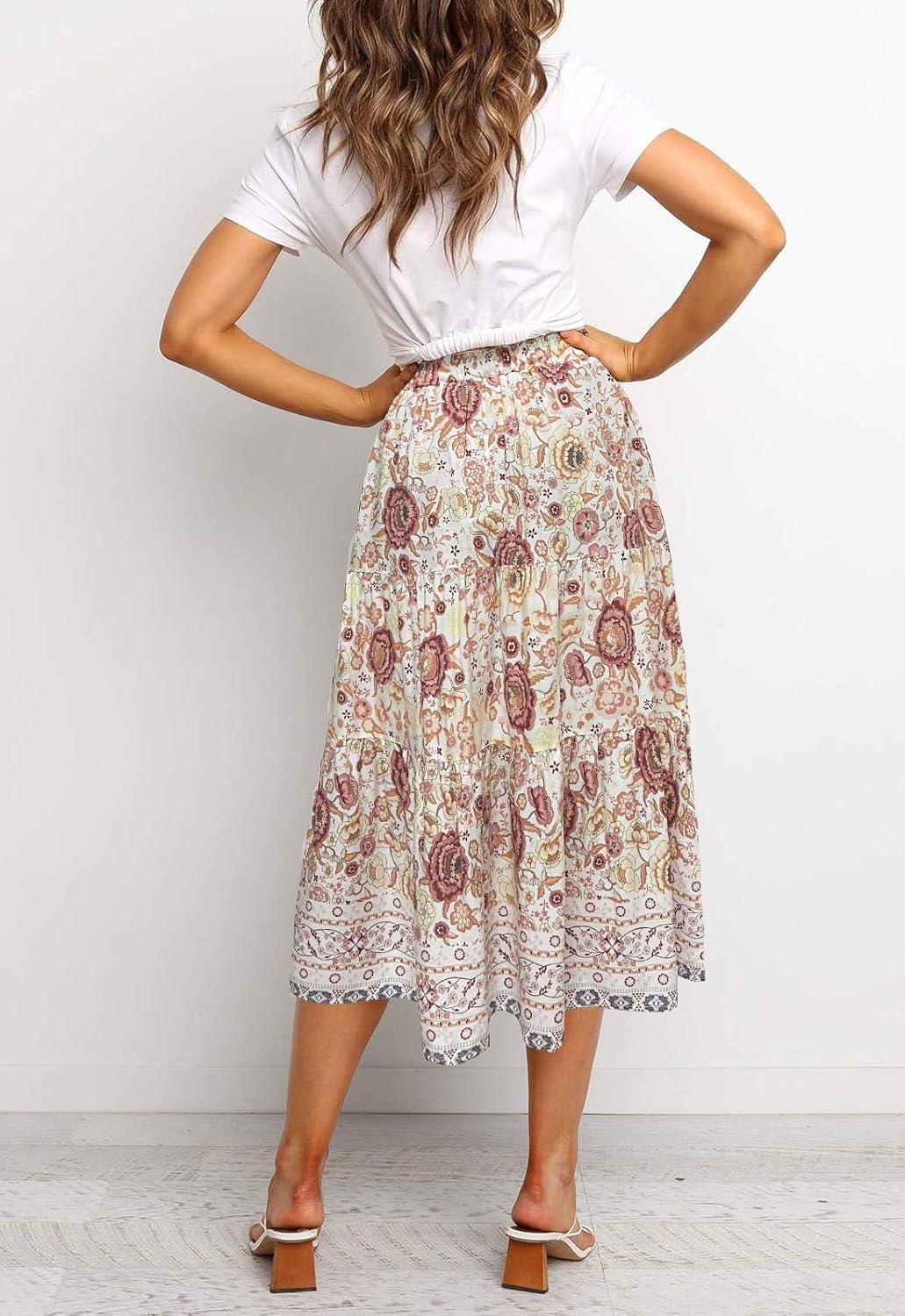 imageMEROKEETY Womens Boho Leopard Print Skirt Pleated ALine Swing Midi Skirts03white