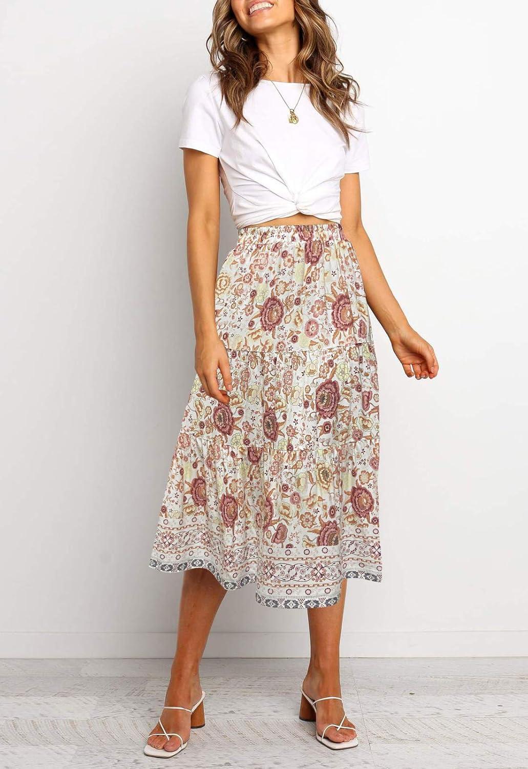 imageMEROKEETY Womens Boho Leopard Print Skirt Pleated ALine Swing Midi Skirts03white