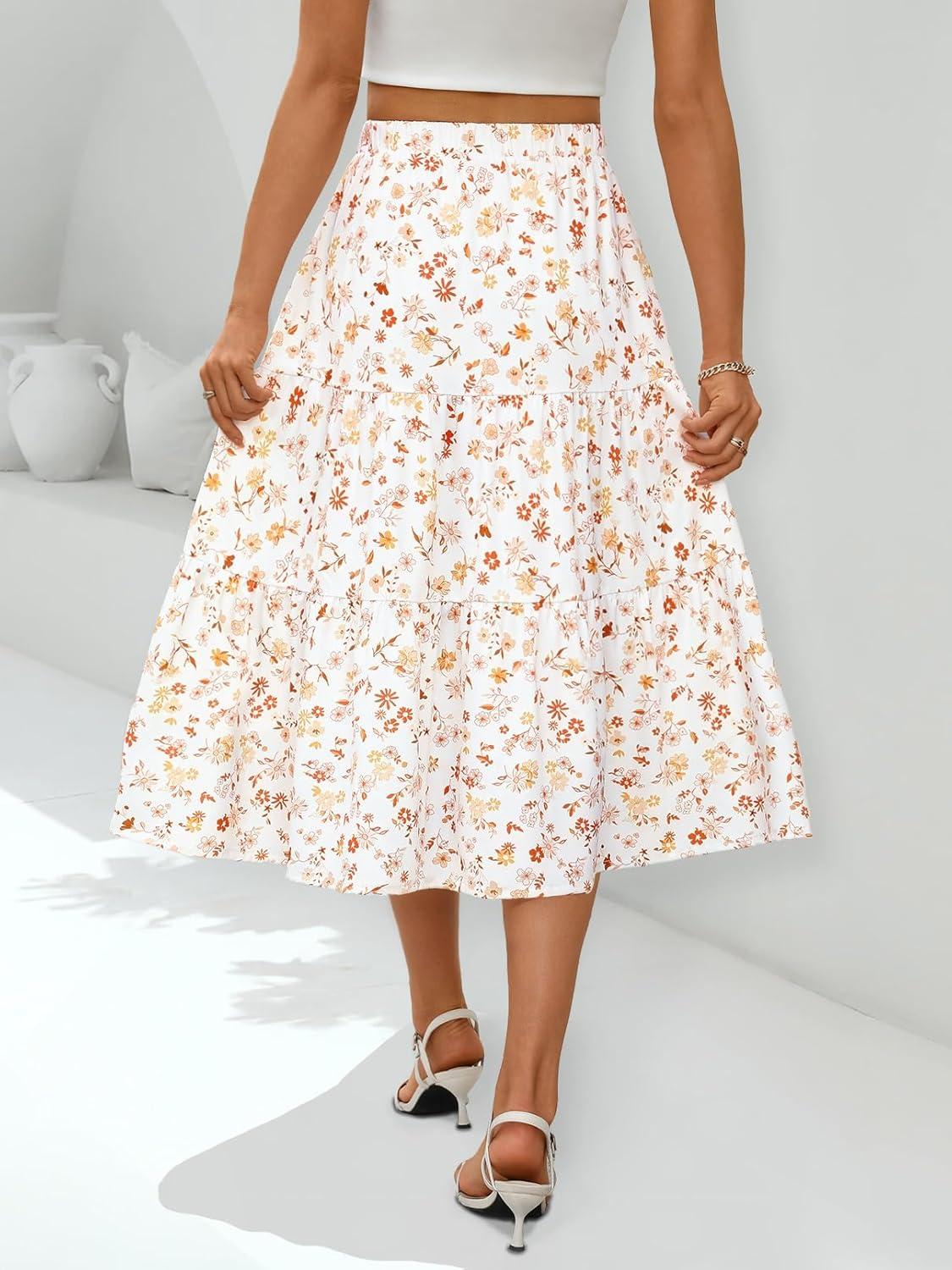 imageMEROKEETY Womens Boho Leopard Print Skirt Pleated ALine Swing Midi SkirtsFloralyellow