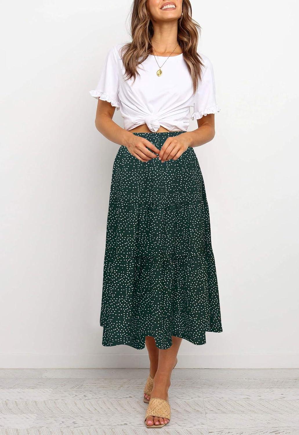 imageMEROKEETY Womens Boho Leopard Print Skirt Pleated ALine Swing Midi SkirtsGreen
