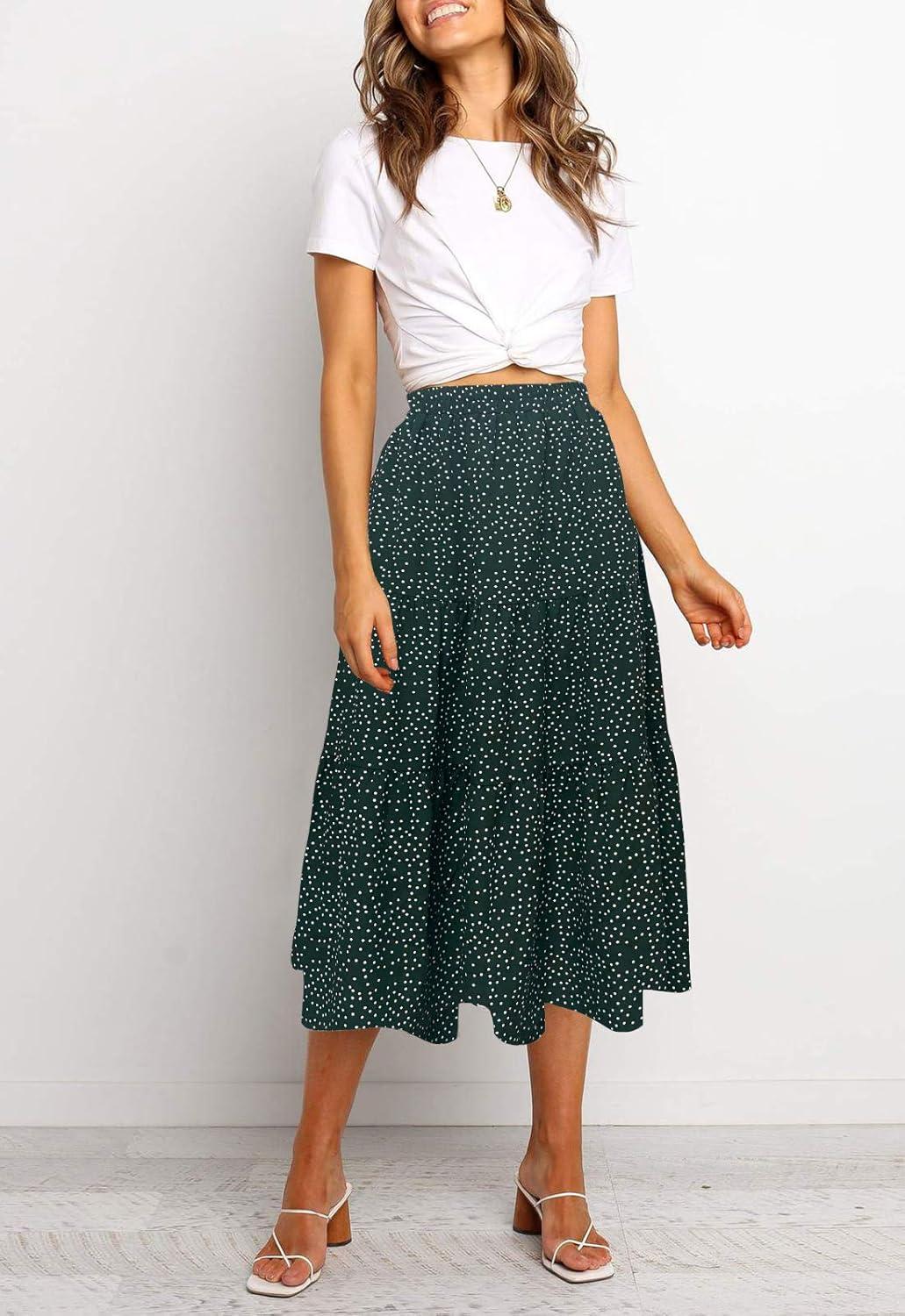 imageMEROKEETY Womens Boho Leopard Print Skirt Pleated ALine Swing Midi SkirtsGreen