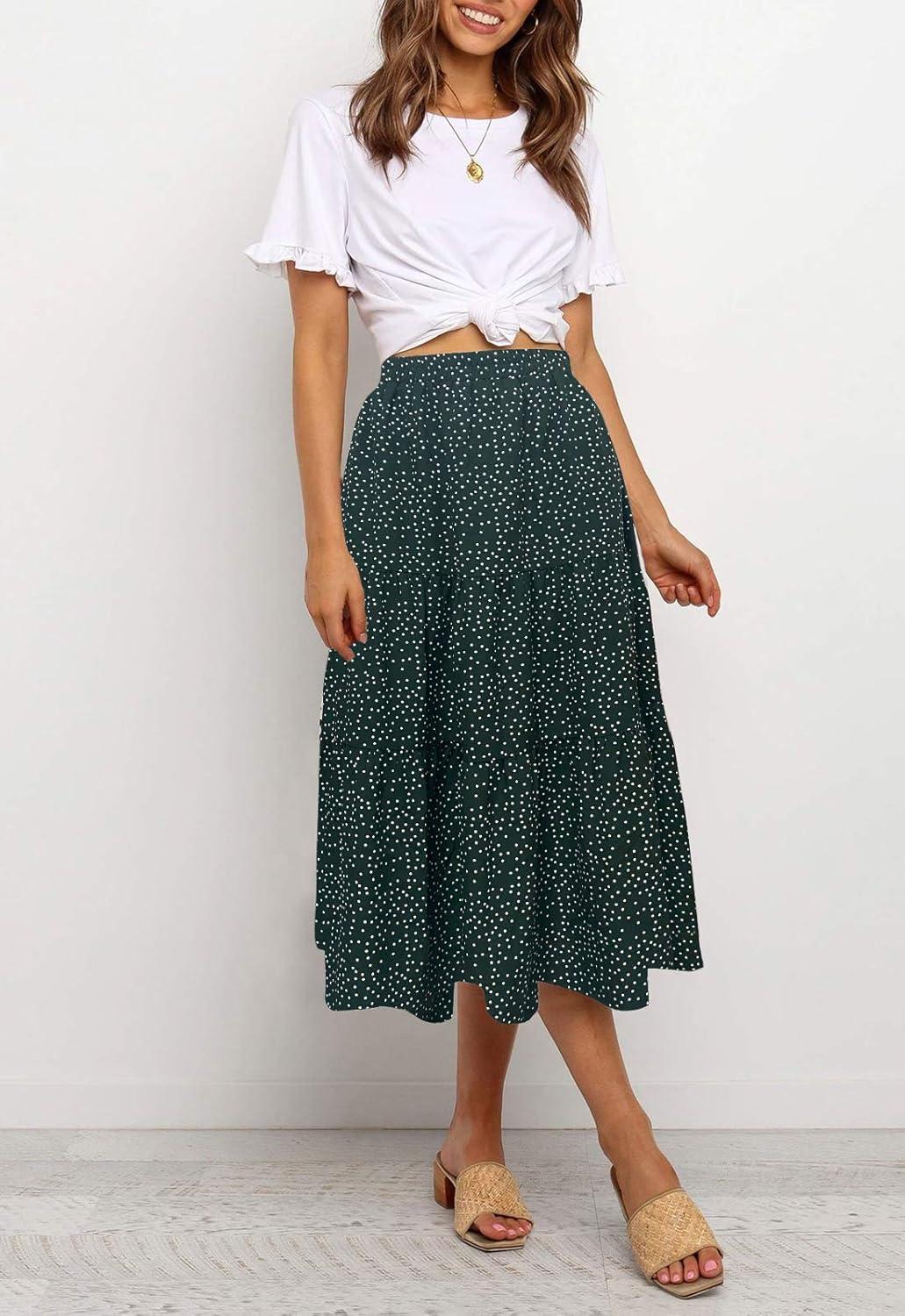 imageMEROKEETY Womens Boho Leopard Print Skirt Pleated ALine Swing Midi SkirtsGreen