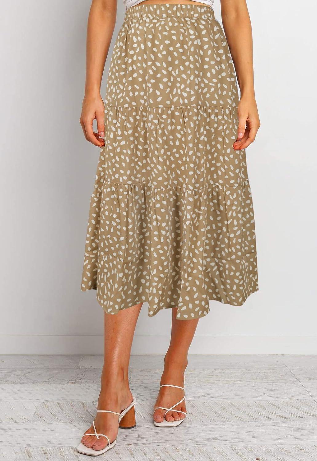 imageMEROKEETY Womens Boho Leopard Print Skirt Pleated ALine Swing Midi SkirtsKhaki