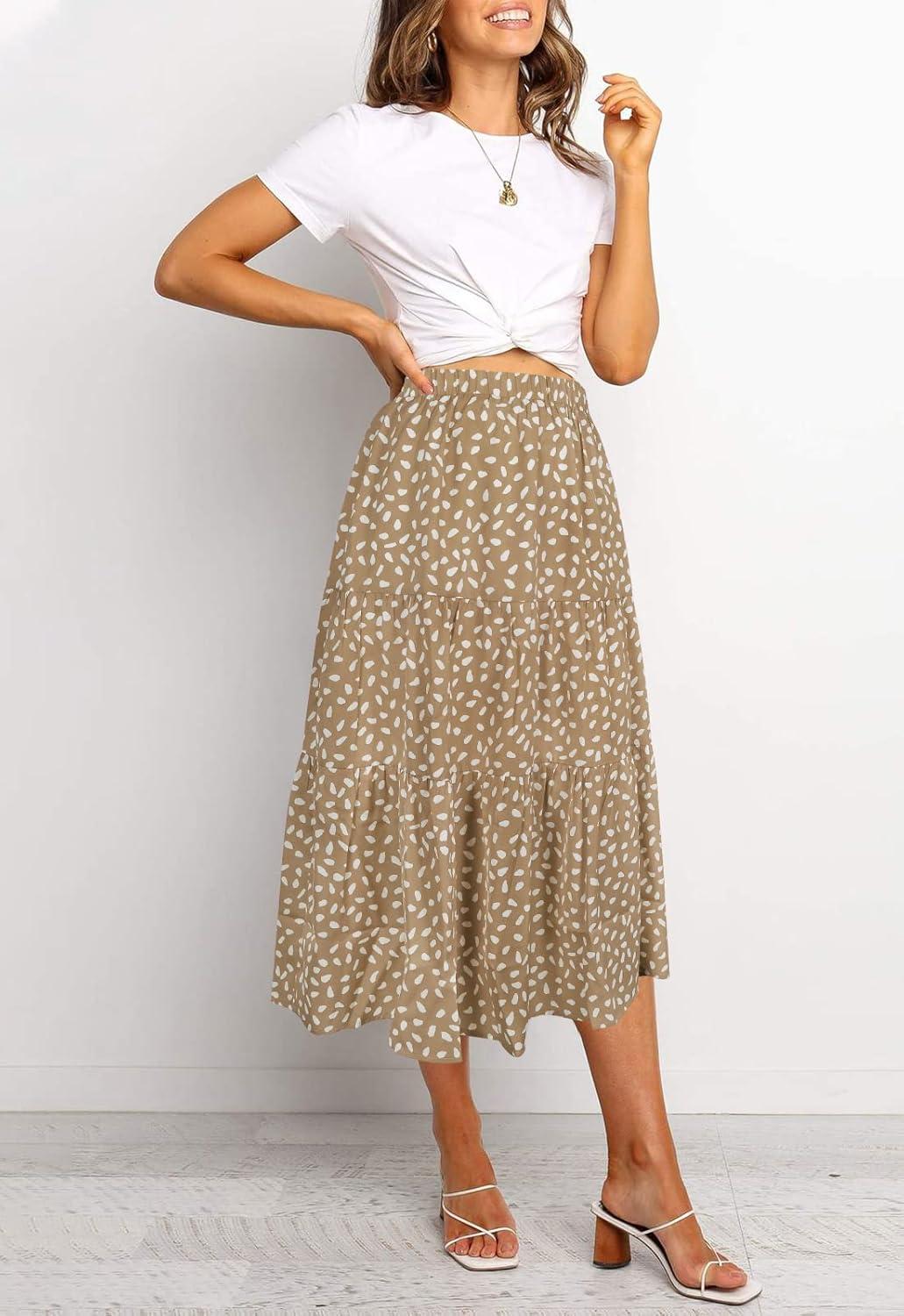 imageMEROKEETY Womens Boho Leopard Print Skirt Pleated ALine Swing Midi SkirtsKhaki