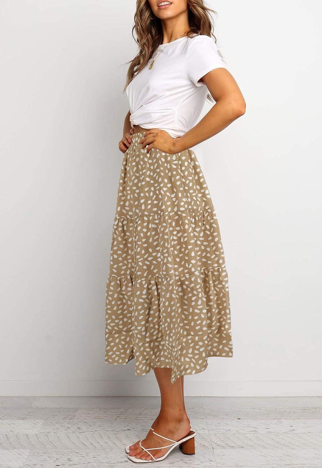 imageMEROKEETY Womens Boho Leopard Print Skirt Pleated ALine Swing Midi SkirtsKhaki