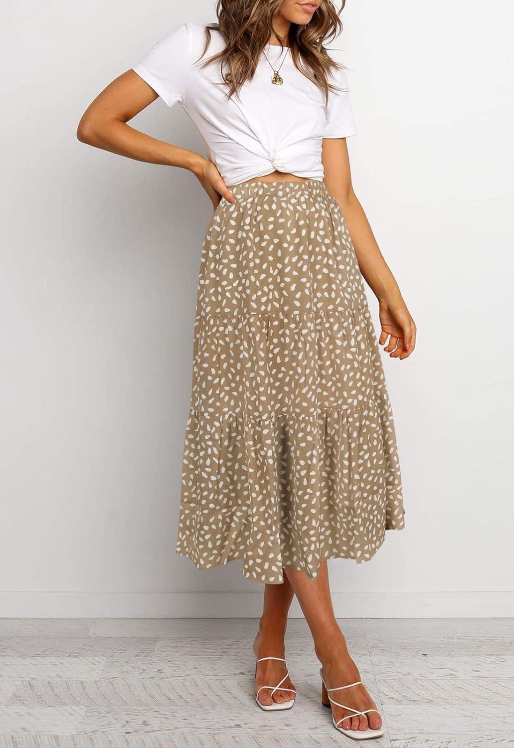 imageMEROKEETY Womens Boho Leopard Print Skirt Pleated ALine Swing Midi SkirtsKhaki