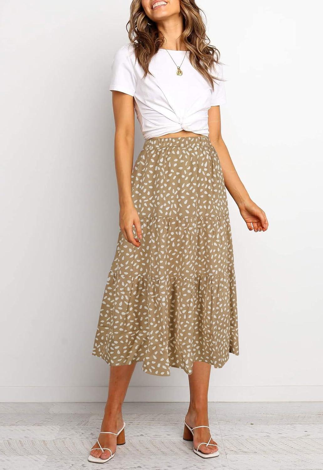 imageMEROKEETY Womens Boho Leopard Print Skirt Pleated ALine Swing Midi SkirtsKhaki