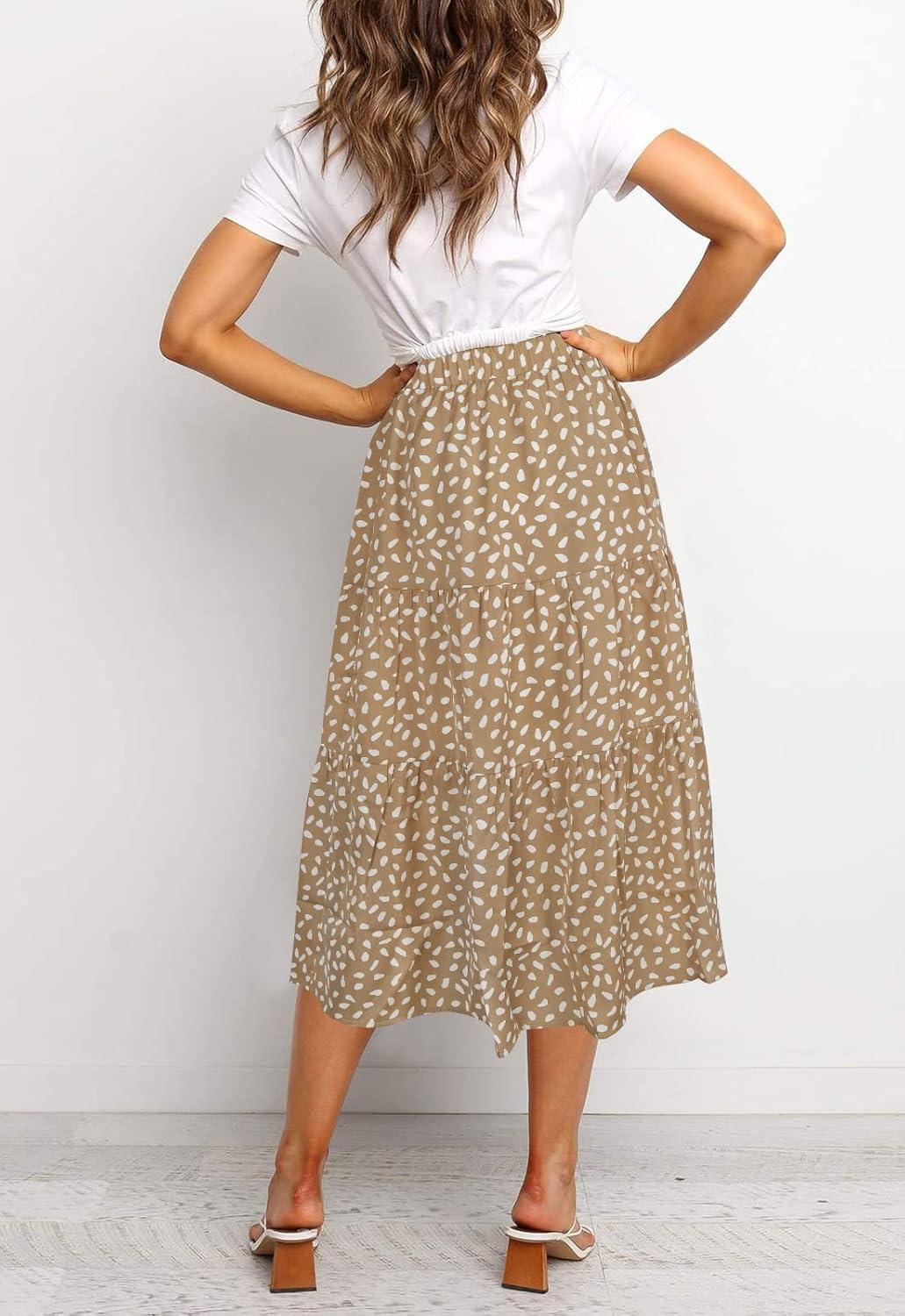 imageMEROKEETY Womens Boho Leopard Print Skirt Pleated ALine Swing Midi SkirtsKhaki