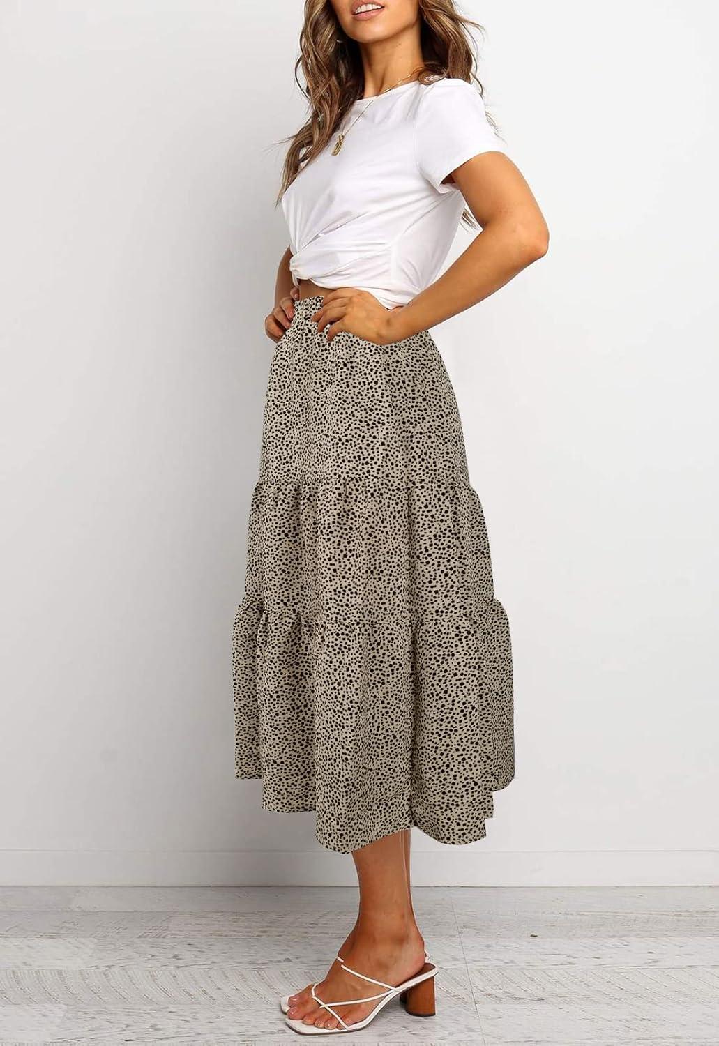 imageMEROKEETY Womens Boho Leopard Print Skirt Pleated ALine Swing Midi SkirtsLightkhaki