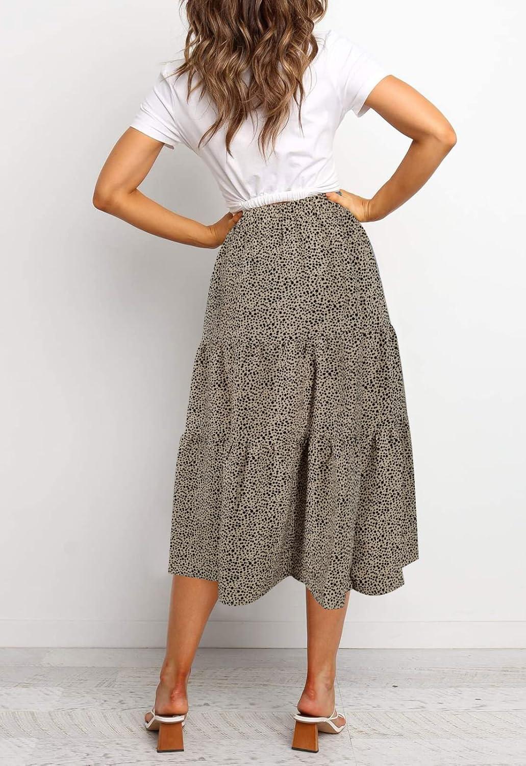 imageMEROKEETY Womens Boho Leopard Print Skirt Pleated ALine Swing Midi SkirtsLightkhaki