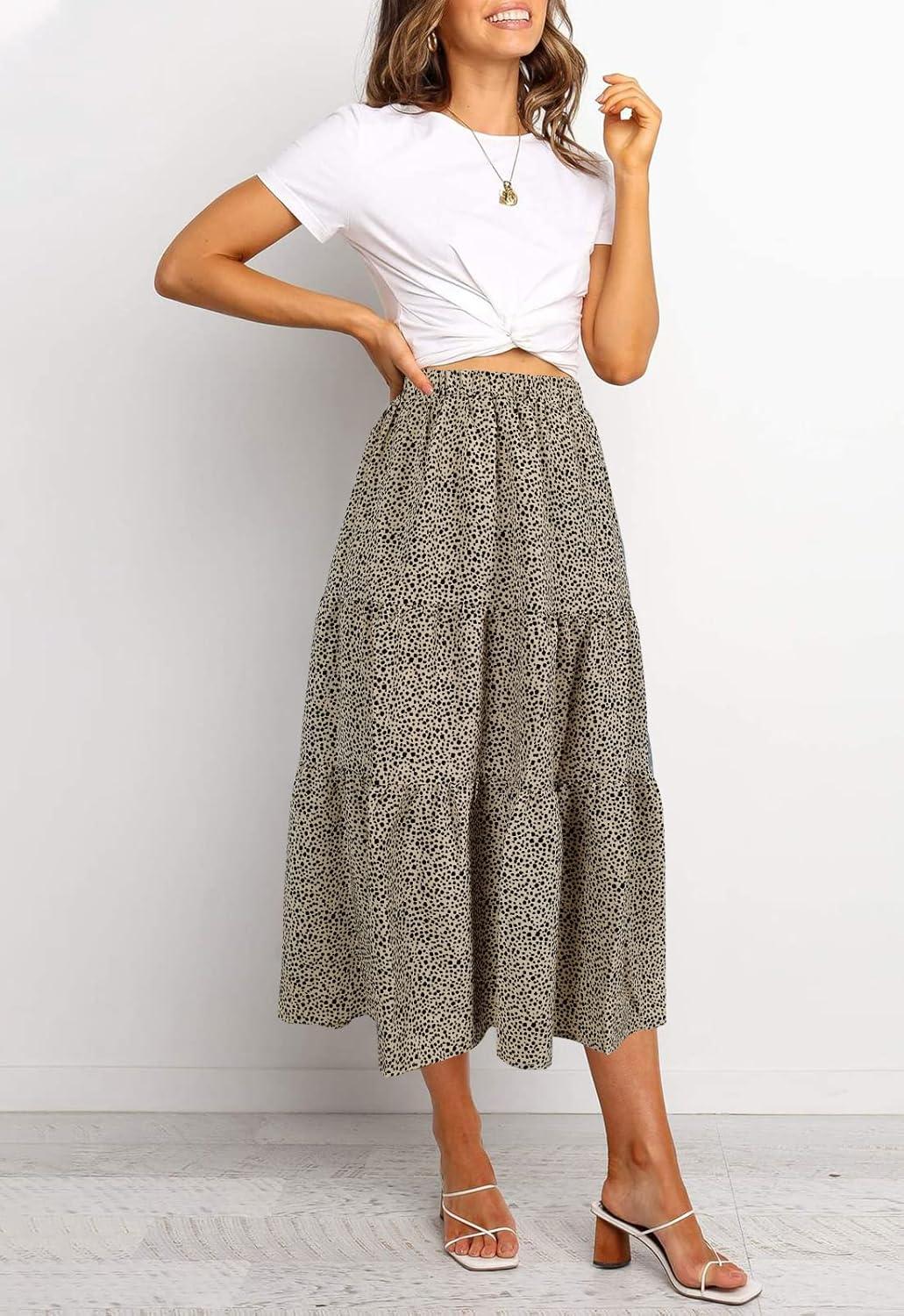 imageMEROKEETY Womens Boho Leopard Print Skirt Pleated ALine Swing Midi SkirtsLightkhaki