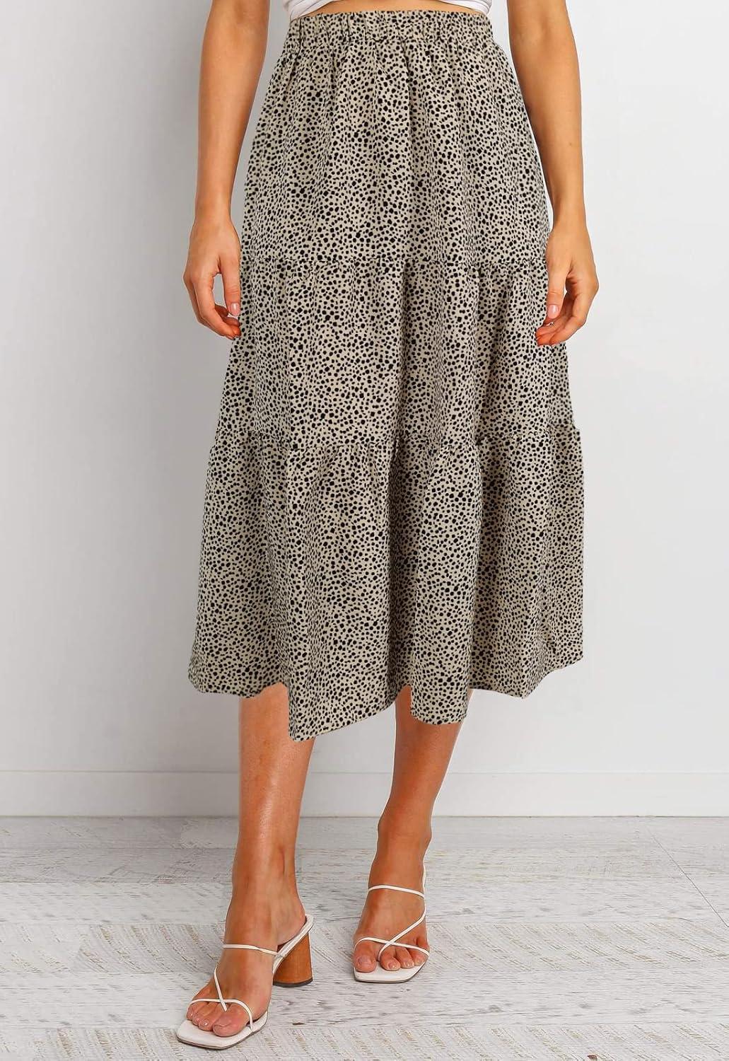 imageMEROKEETY Womens Boho Leopard Print Skirt Pleated ALine Swing Midi SkirtsLightkhaki