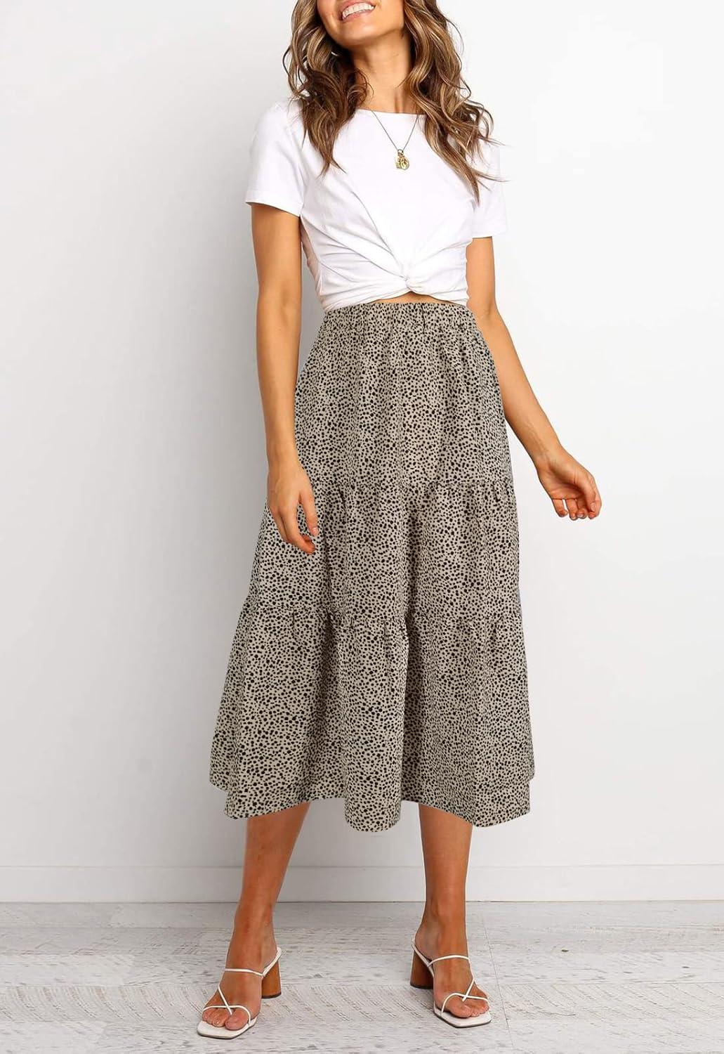 imageMEROKEETY Womens Boho Leopard Print Skirt Pleated ALine Swing Midi SkirtsLightkhaki