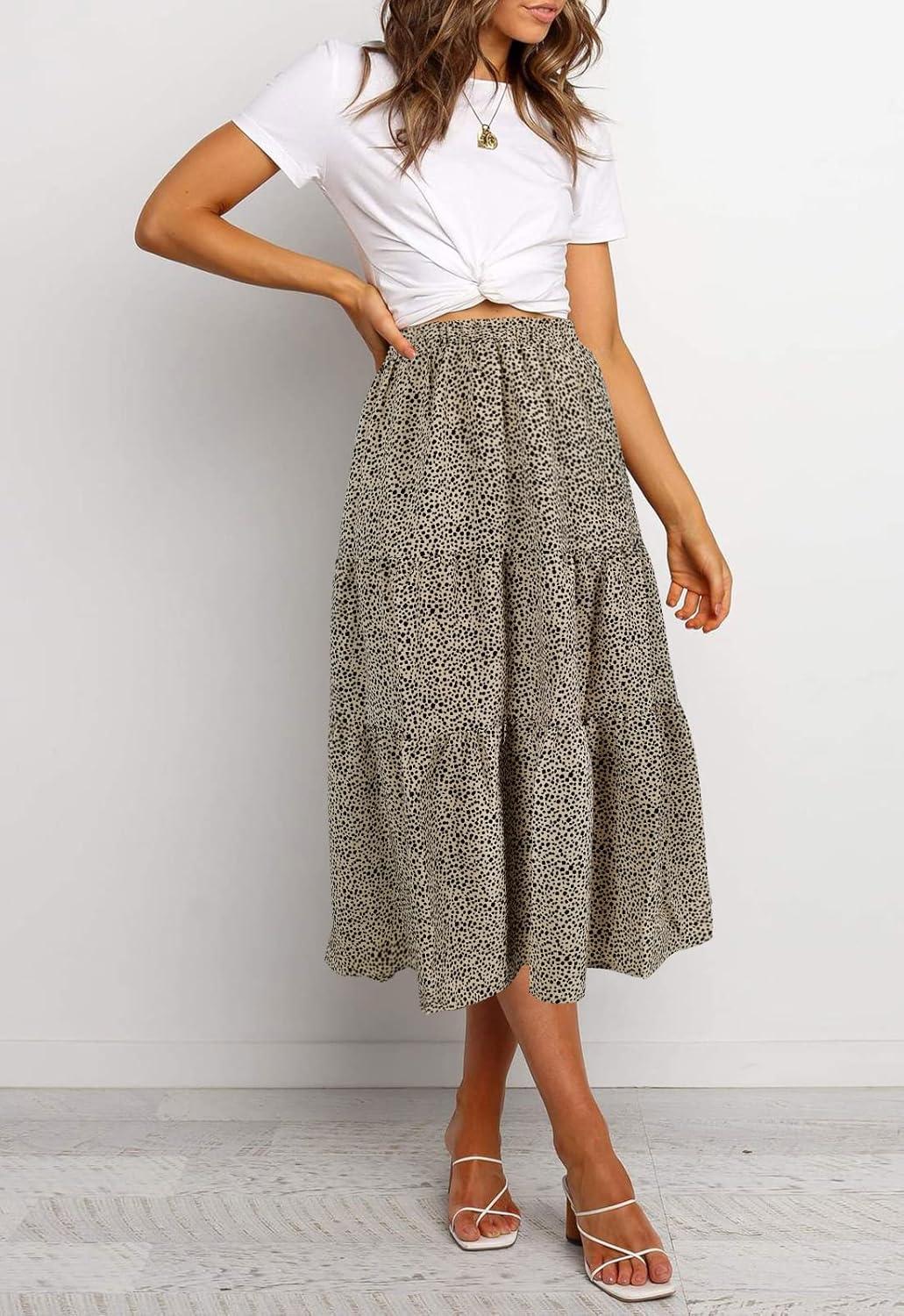 imageMEROKEETY Womens Boho Leopard Print Skirt Pleated ALine Swing Midi SkirtsLightkhaki