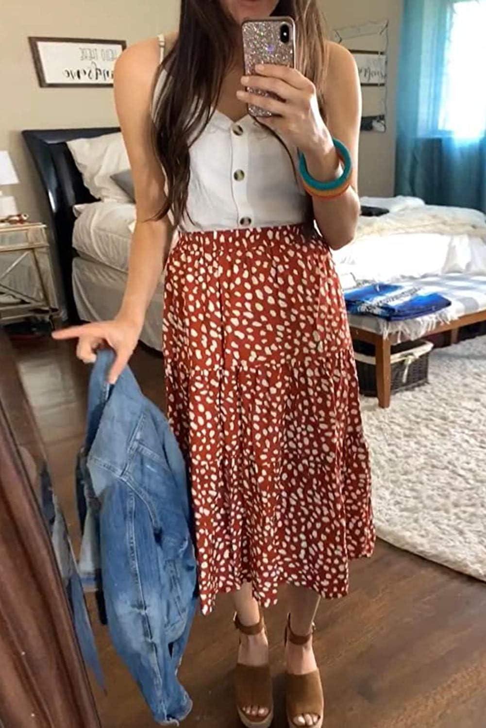 imageMEROKEETY Womens Boho Leopard Print Skirt Pleated ALine Swing Midi SkirtsRed