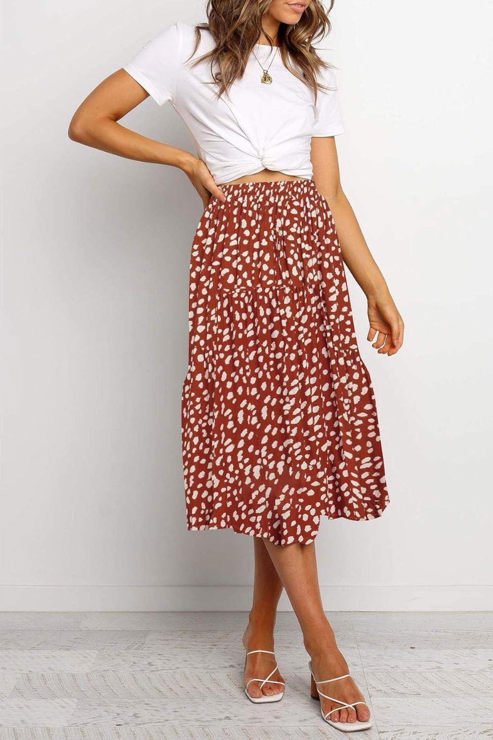 imageMEROKEETY Womens Boho Leopard Print Skirt Pleated ALine Swing Midi SkirtsRed