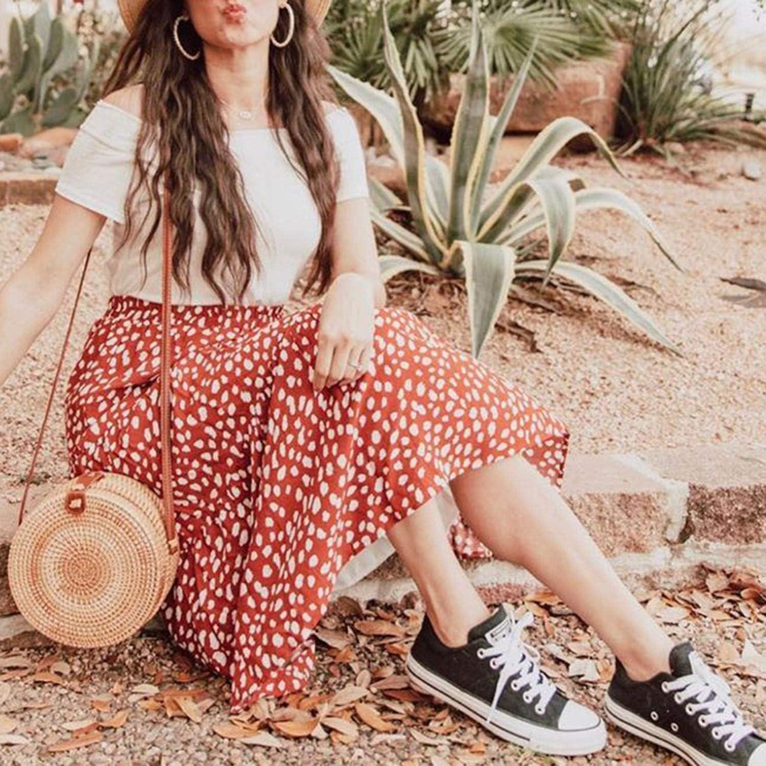 imageMEROKEETY Womens Boho Leopard Print Skirt Pleated ALine Swing Midi SkirtsRed