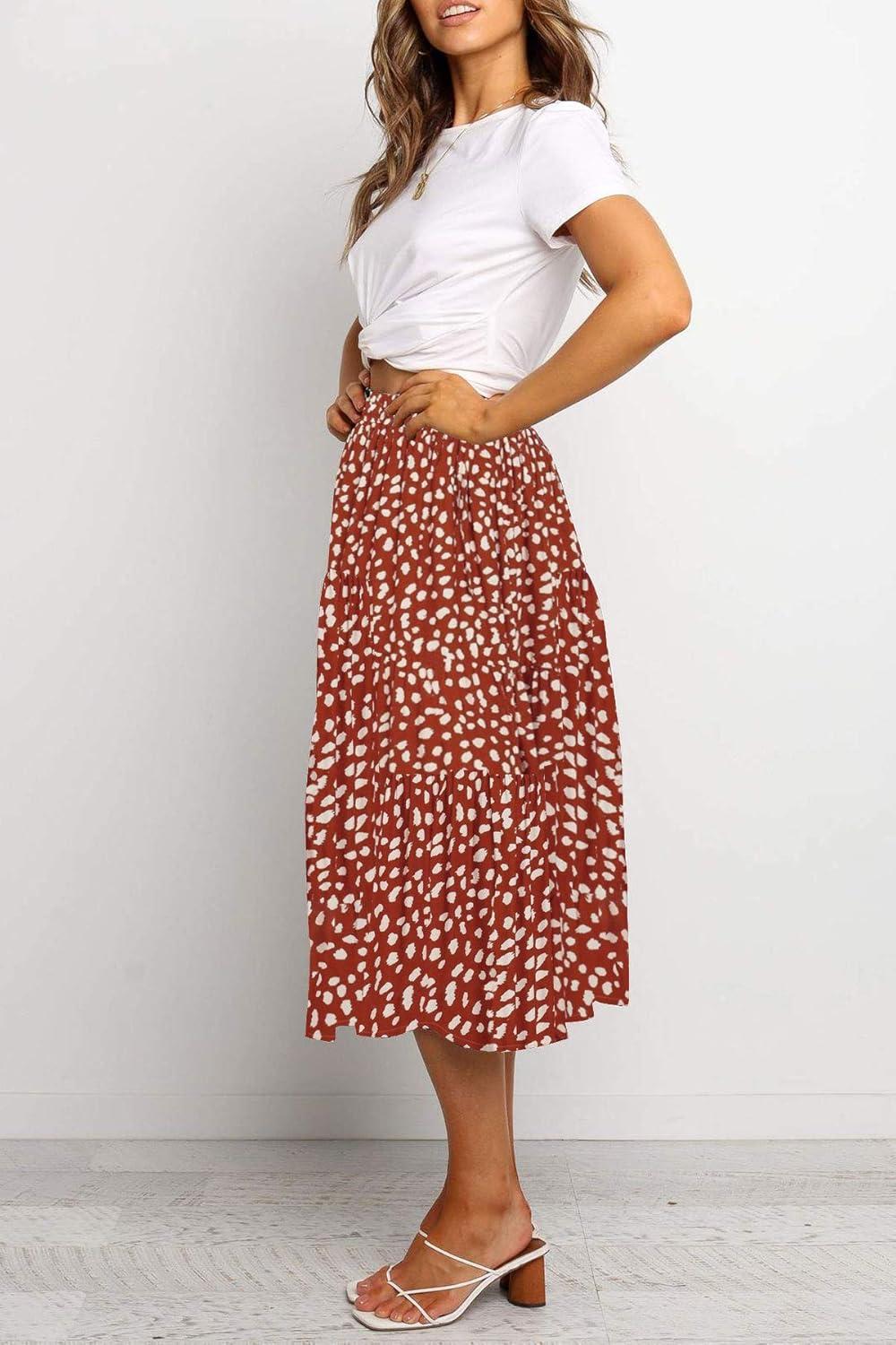 imageMEROKEETY Womens Boho Leopard Print Skirt Pleated ALine Swing Midi SkirtsRed