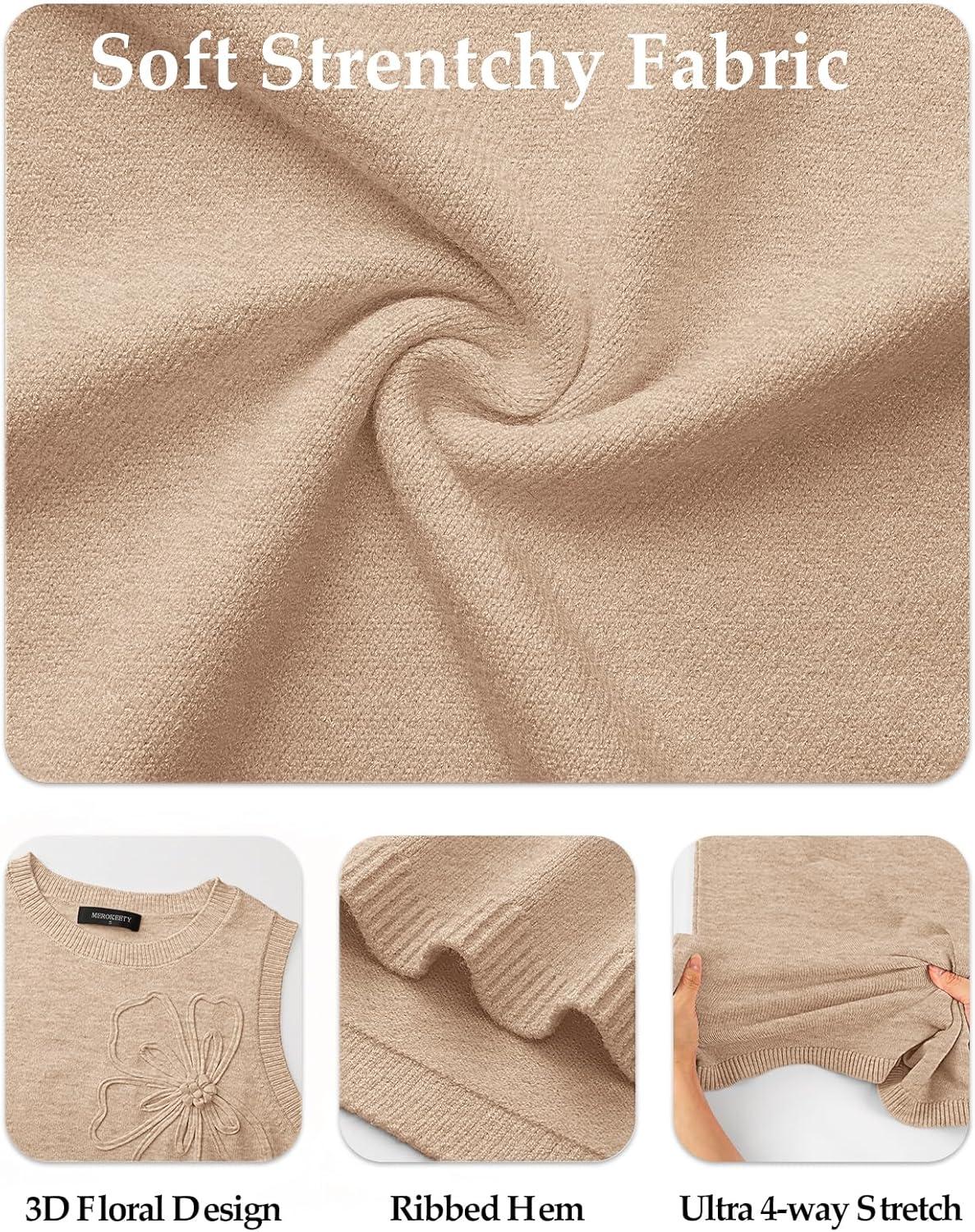 imageMEROKEETY Womens Cute Floral Knitted Mini Dress 2026 Spring Summer Sleeveless Tank Crew Neck A Line Short Sweater DressesApricot