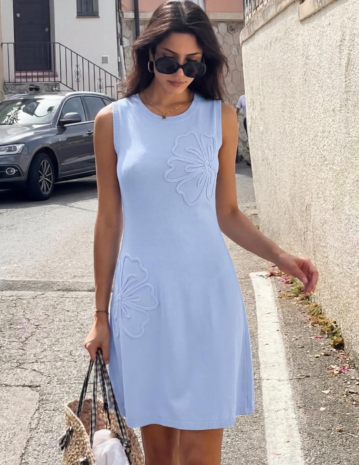 imageMEROKEETY Womens Cute Floral Knitted Mini Dress 2026 Spring Summer Sleeveless Tank Crew Neck A Line Short Sweater DressesBlue
