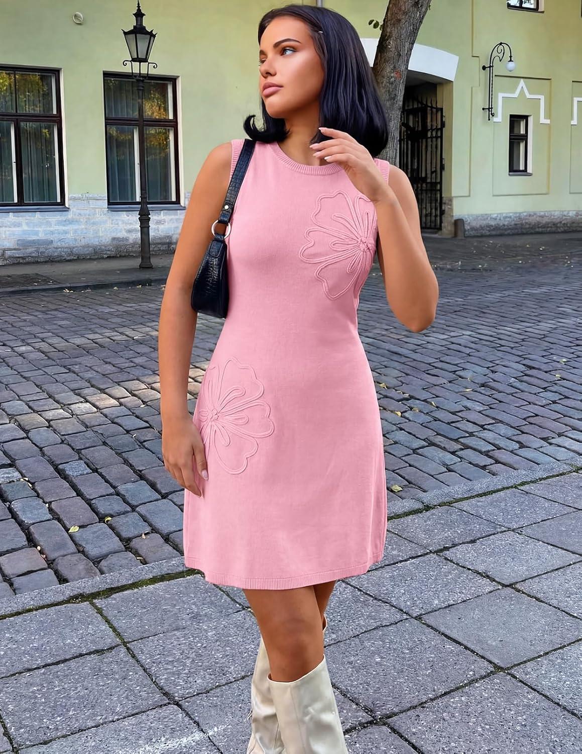 imageMEROKEETY Womens Cute Floral Knitted Mini Dress 2026 Spring Summer Sleeveless Tank Crew Neck A Line Short Sweater DressesPink