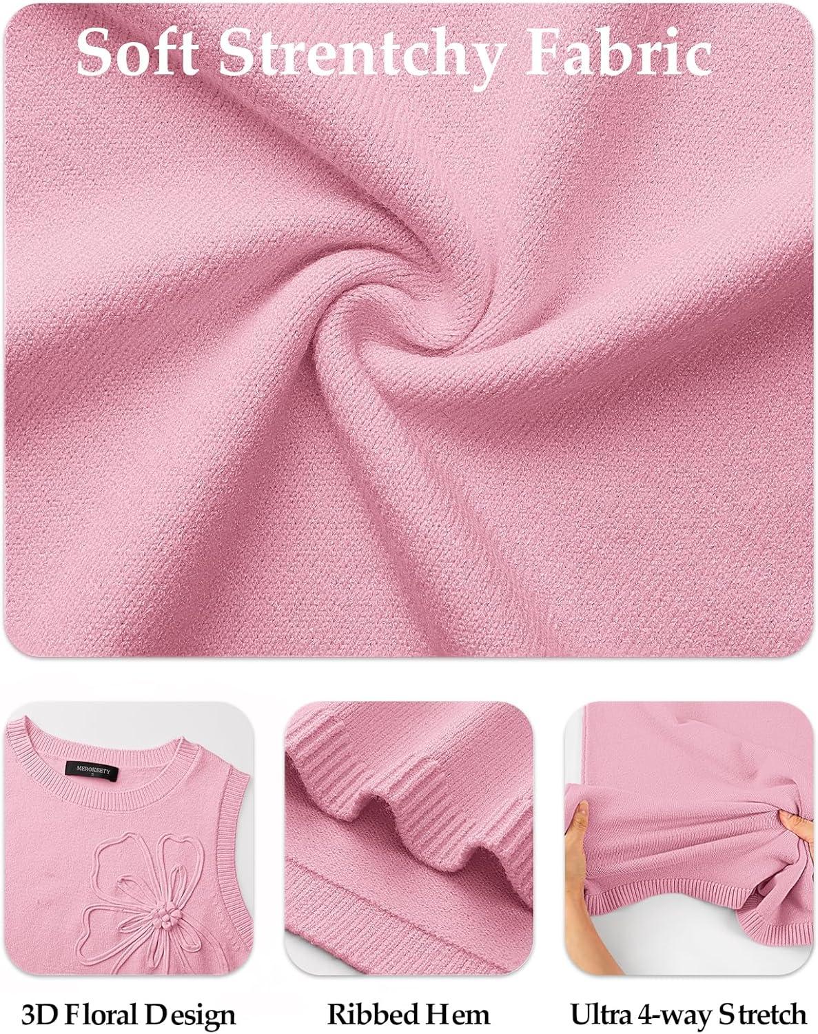 imageMEROKEETY Womens Cute Floral Knitted Mini Dress 2026 Spring Summer Sleeveless Tank Crew Neck A Line Short Sweater DressesPink
