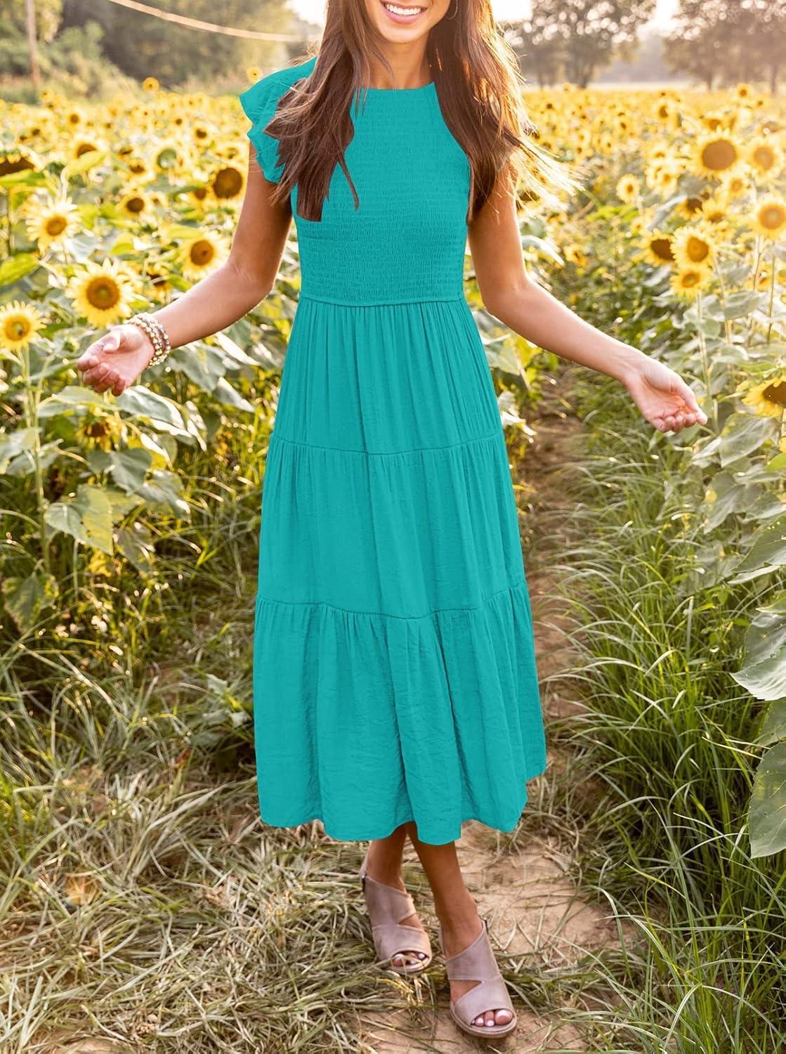 imageMEROKEETY Womens Flutter Short Sleeve Smocked Midi Dress Summer Casual Tiered ALine DressTurquoise