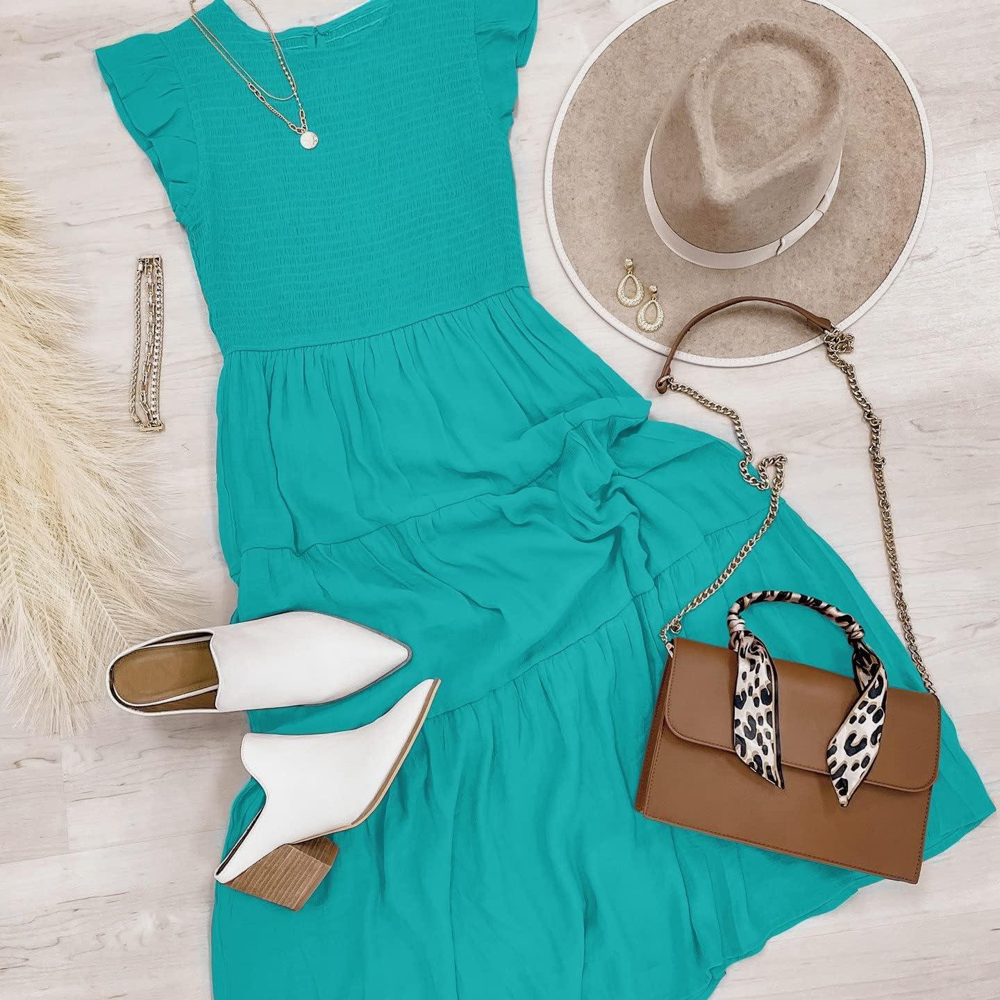 imageMEROKEETY Womens Flutter Short Sleeve Smocked Midi Dress Summer Casual Tiered ALine DressTurquoise