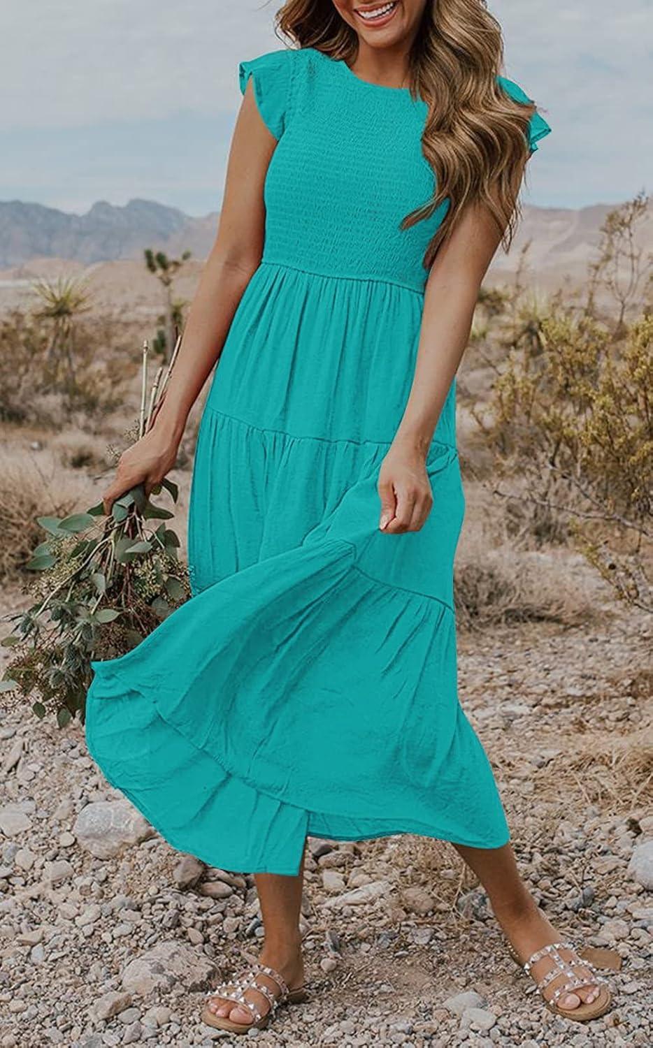 imageMEROKEETY Womens Flutter Short Sleeve Smocked Midi Dress Summer Casual Tiered ALine DressTurquoise