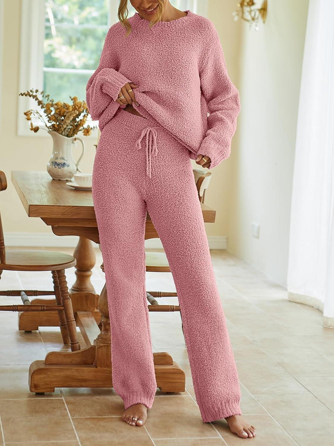 imageMEROKEETY Womens Pajama Sets 2026 Fall Lounge Sweater Set Cute Fuzzy Fleece 2 Piece Long Sleeve Cozy Winter Pj OutfitsDarkpink