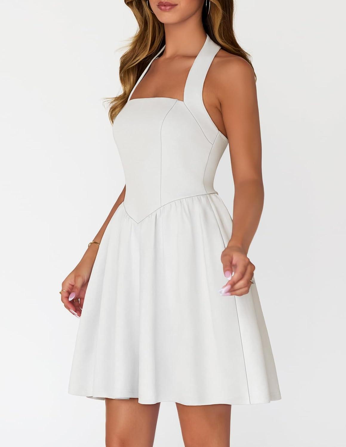 imageMEROKEETY Womens Summer Halter Neck Mini Dress 2026 Sleeveless Cute Ruched Waist Aline Flowy Swing Party Short DressesWhite