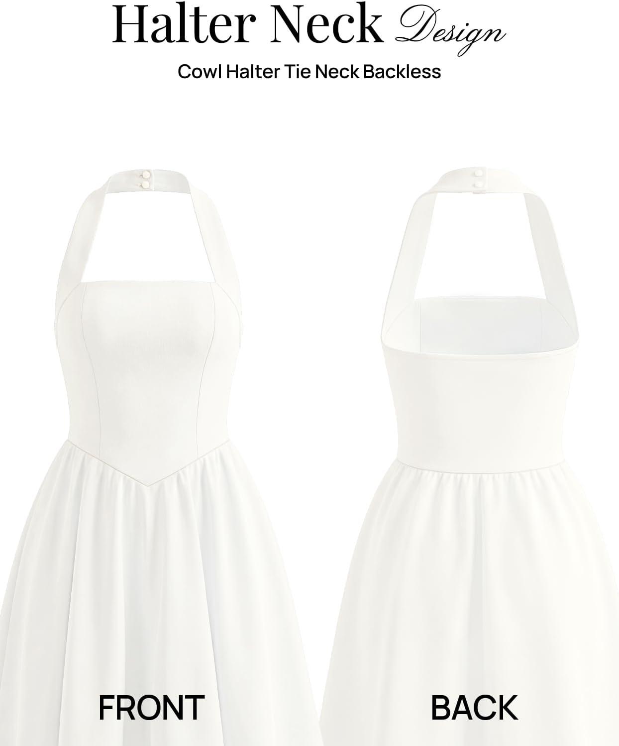 imageMEROKEETY Womens Summer Halter Neck Mini Dress 2026 Sleeveless Cute Ruched Waist Aline Flowy Swing Party Short DressesWhite